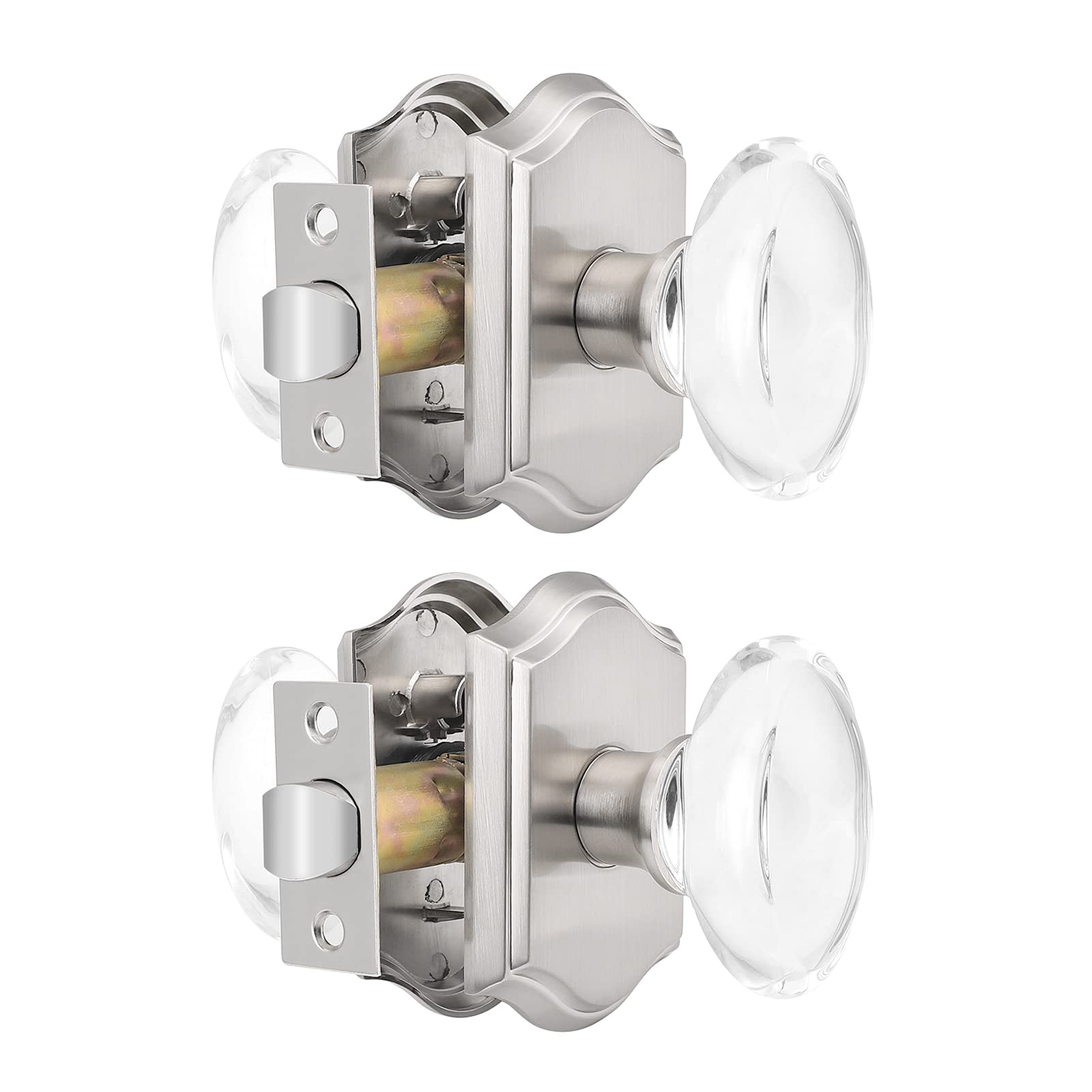 Probrico 2-Pack Oval Crystal Door Knobs - Brushed Nickel Keyless Non-Locking Glass Passage Knobs with Arched Rosette for Hall Closet & Interior Doors | Perfect for Bedrooms, Bathrooms, and Cabinets