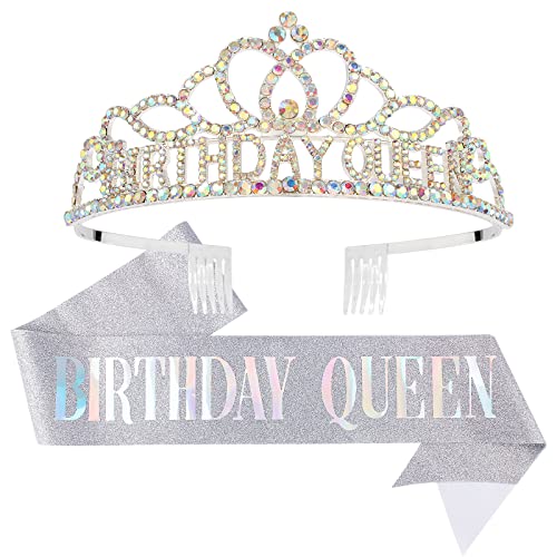 Silver Birthday Crown & Tiara Set for Women - Elegant Queen Sash & Crown for Birthday Parties, Bridal Showers & Special Celebrations - Perfect for Birthday Decorations, Photo Props & VIP Events