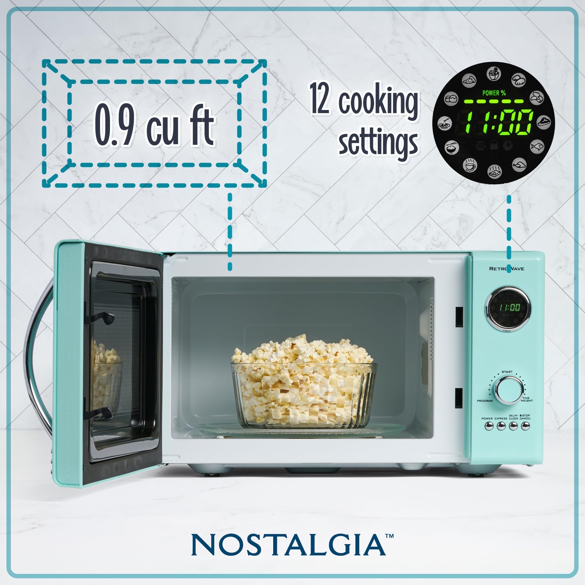 Retro Countertop Microwave Oven 800W with 12 Pre-Set Cooking Modes & Digital Clock - 0.9 Cu Ft Compact Microwave for Small Kitchen, Dorm, Office - Vintage Aqua Design