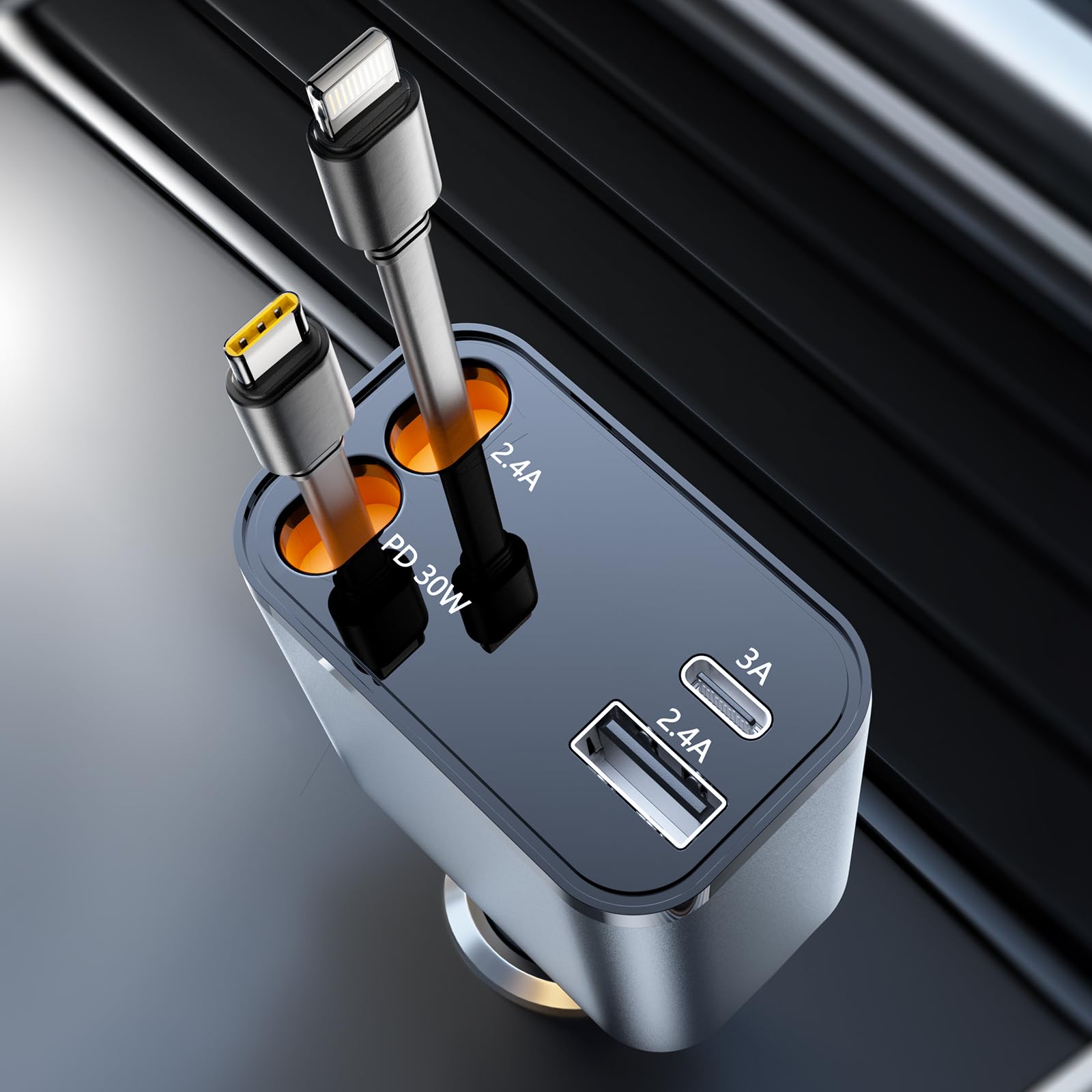 SUPERONE 69W Retractable Car Charger 4-in-1 Fast Charging Adapter with USB-C & Lightning Cables - Compatible with iPhone 15/14/13/12, Samsung Galaxy, iPad - Perfect for Road Trips & Daily Commutes