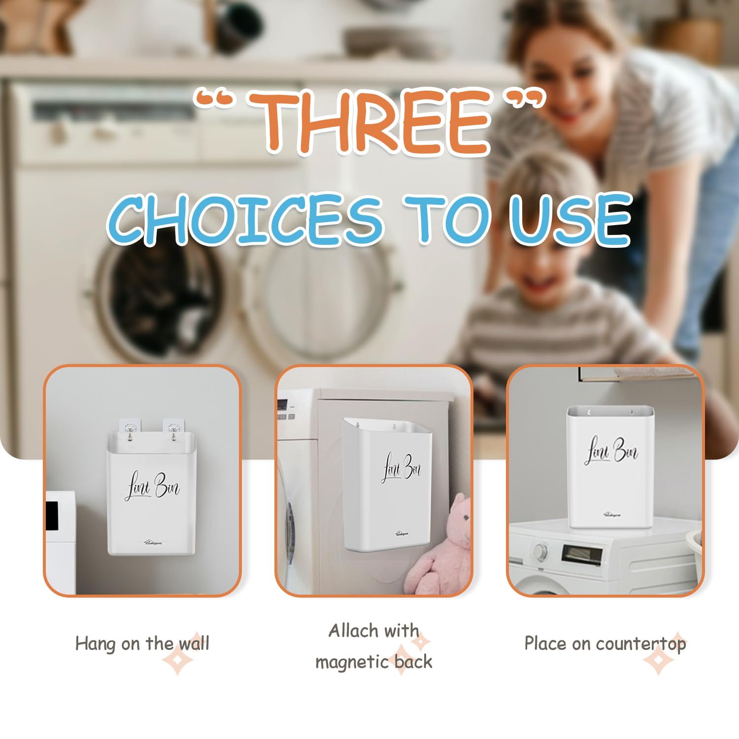 Sealegend Magnetic Lint Bin for Laundry Room with Dryer Lint Brush - Wall Mounted Space-Saving Trash Can for Laundry Organization & Storage (Gray White) - Perfect for Small Spaces, Apartments & Laundry Room Organization