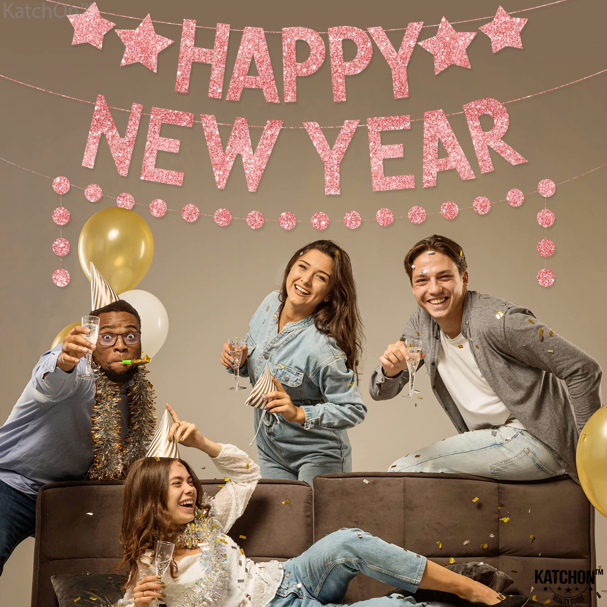 KatchOn 10ft Rose Gold Glitter New Year's Banner 2025 - Pre-Strung Happy New Year Decor with Garland | 2025 New Year's Eve Party Supplies for Wall Decor, Countdown Events & Festive Celebrations