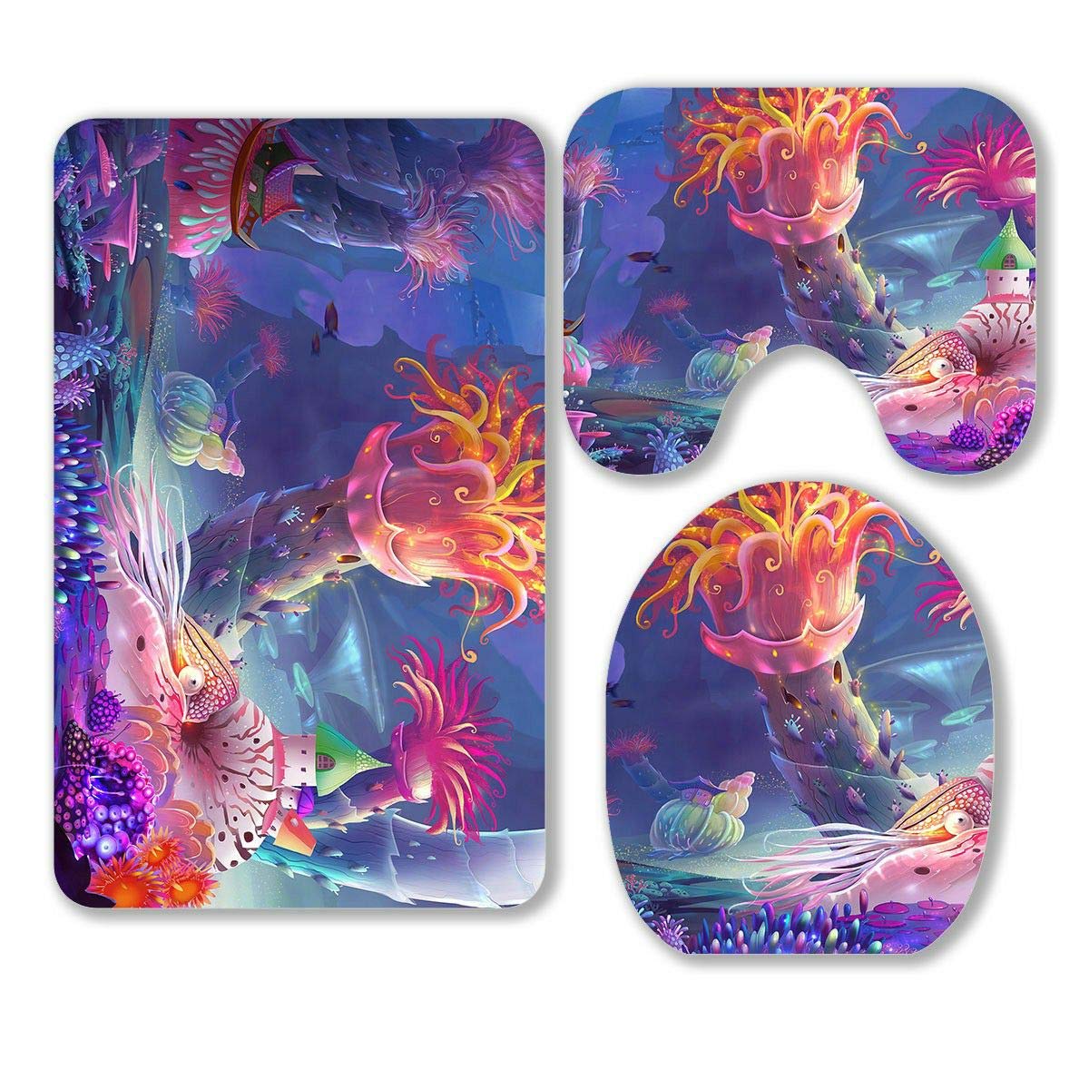 Premium 3-Piece Bathroom Rug Set - Non-Slip Water Absorbent Bath Mat, Contour Mat & Toilet Lid Cover - World Map Design for Modern Bathrooms - Perfect for Home, Apartment, Dorm Decor