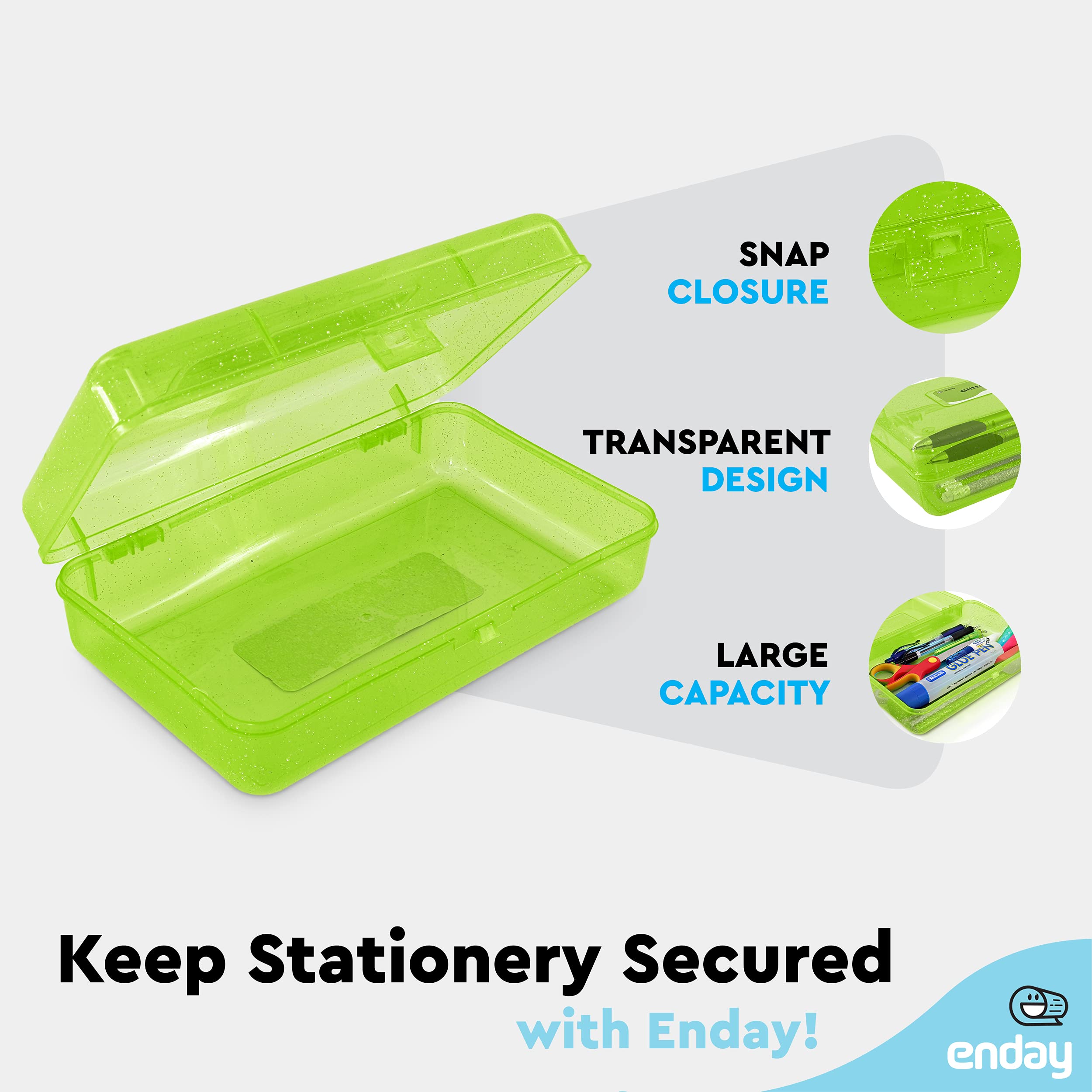 Enday Plastic Pencil Box with Snap Closure Lids - Small School & Office Supplies Organizer for Crayons, Pens & Art Tools (Green, Also Available in Glitter Pink, Purple, Blue, Red, Grey) - 24 Pack - Perfect for Classroom, Homework & Craft Storage