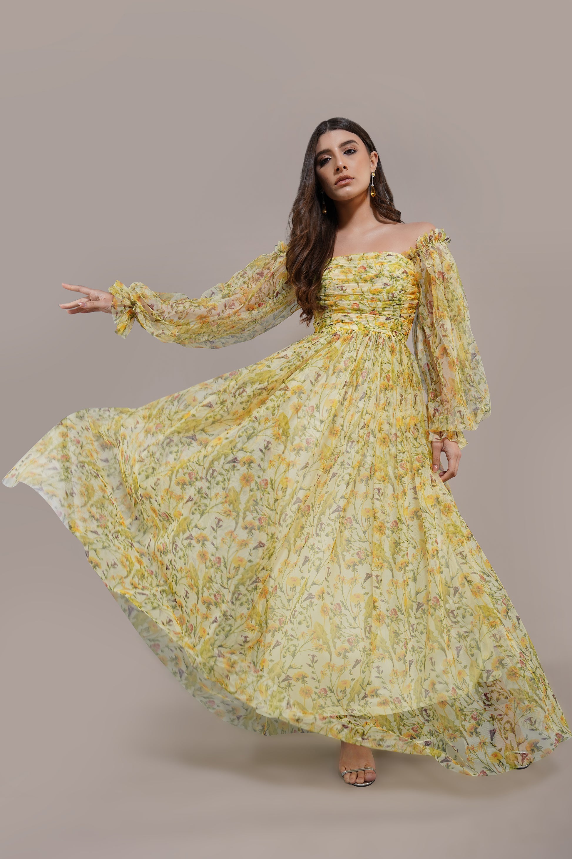 Lana Yellow Printed Tulle Maxi Dress - Flowy Summer Beach Dress for Women, Boho Chic Wedding Guest Outfit, Perfect for Vacations & Special Occasions