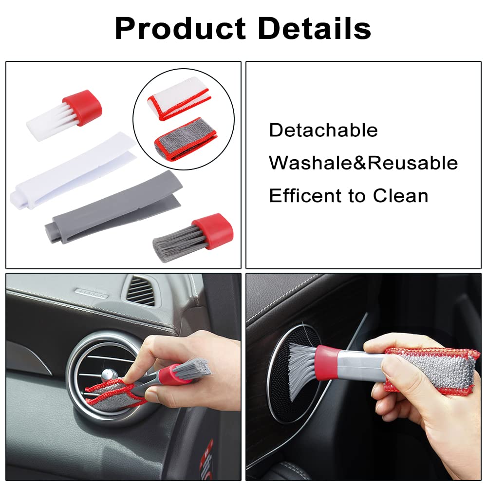 Premium Car Detailing Brushes Set - Dual Head Interior Cleaning Kit with Protective Cover | Perfect for Car Vents, Dashboard, Leather Seats & Electronics | Grey & White (Car Detailing Accessories)