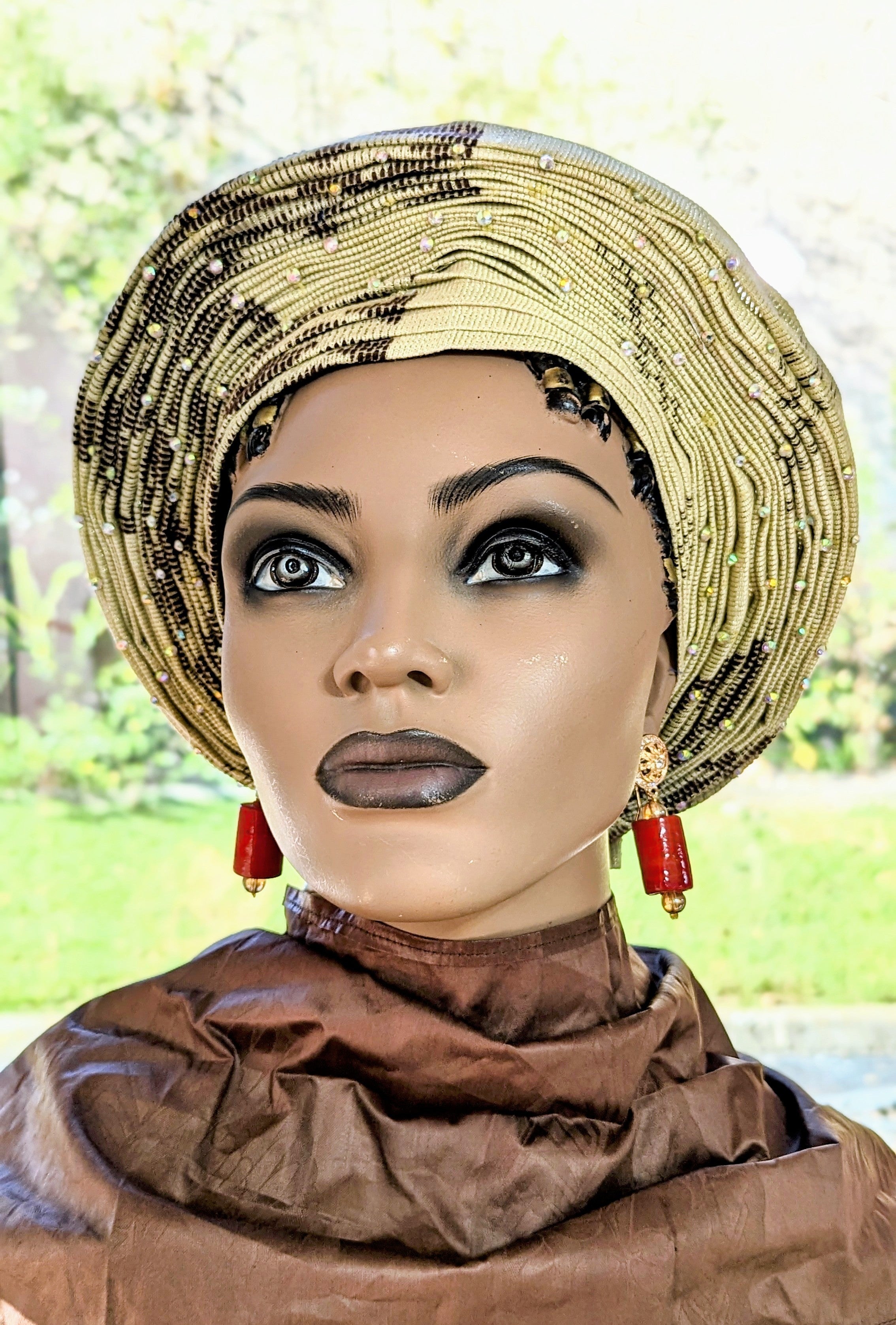 Authentic Adefewa Tan & Brown Pattern Aso Oke African Head Tie - Pre-Tied Autogele Headwrap for Women | Perfect for Weddings, Church, Parties & Cultural Events