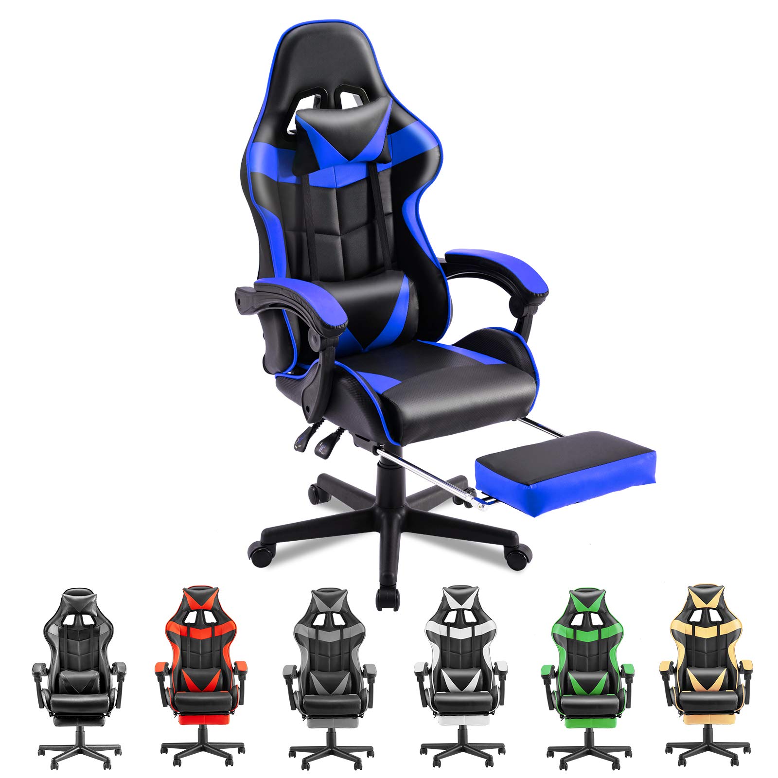 Soontrans Ergonomic Gaming Chair with Adjustable Headrest & Lumbar Support - Blue Computer Game Chair for PC, E-Sports with Retractable Footrest - Perfect for Home Office, Streaming & Pro Gaming Sessions (Storm Blue)