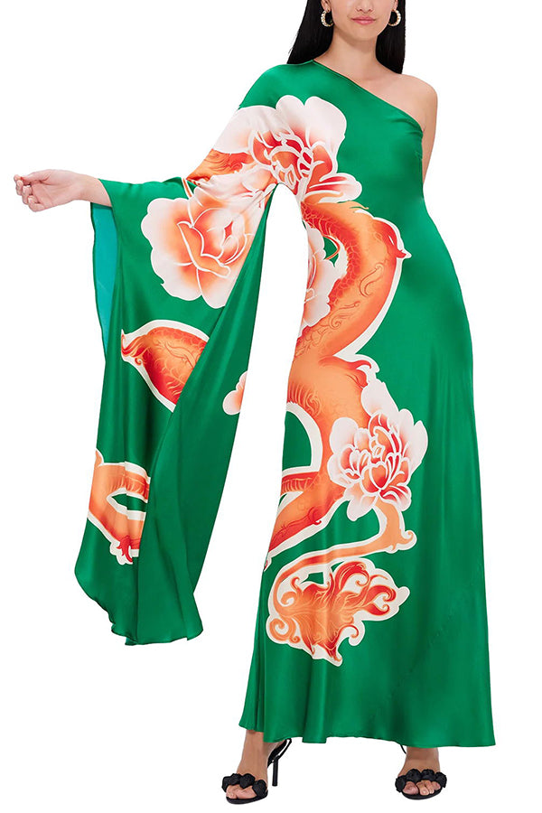 Elegant Satin Dragon Print One Shoulder Draped Sleeve Maxi Dress for Women | Formal Evening Gown, Prom, Wedding Guest Dress | Perfect for Parties, Date Nights & Special Occasions