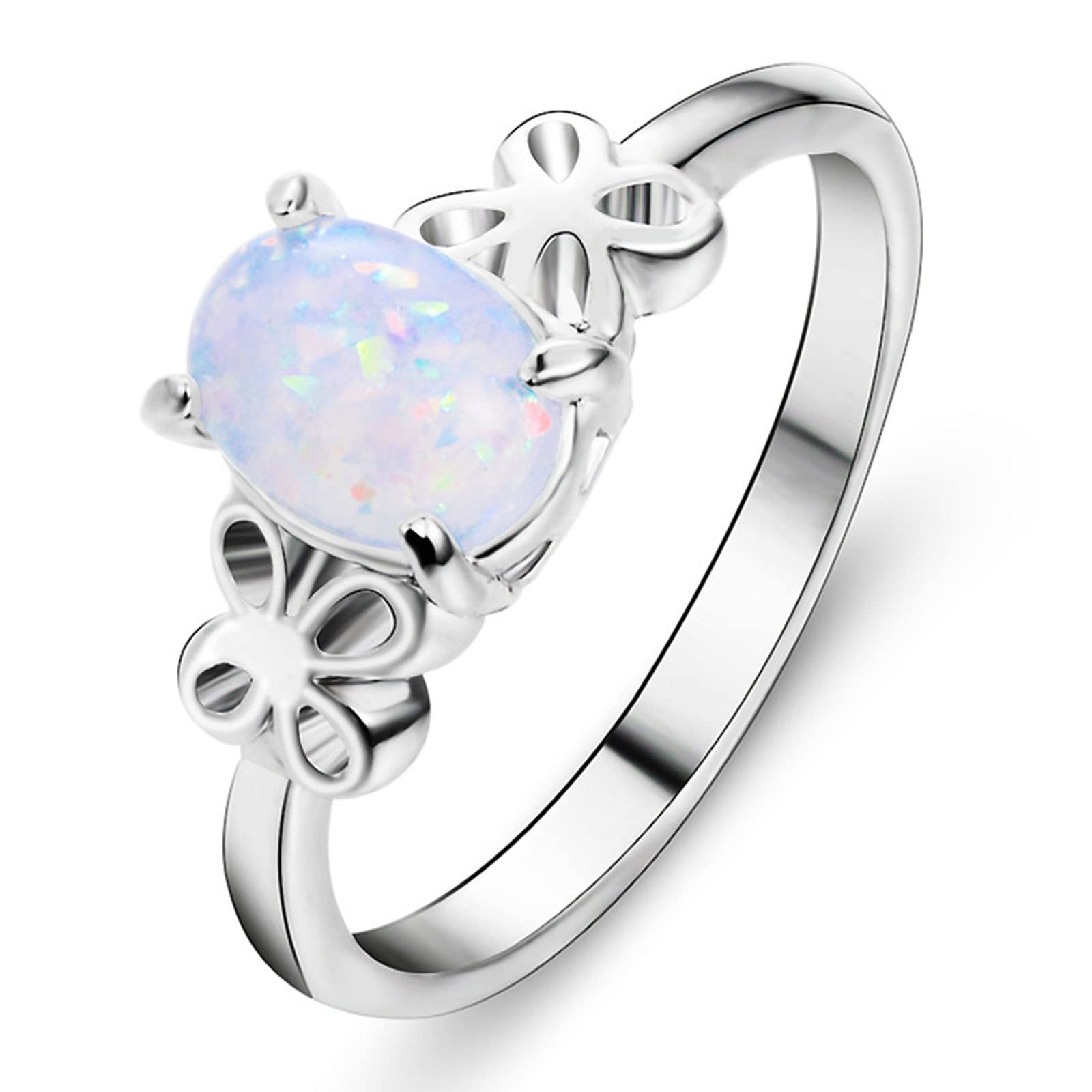 Size 7 Women's Opal & Diamond Silver Ring - Oval Cut Fire Band Ring for Everyday Wear & Special Occasions