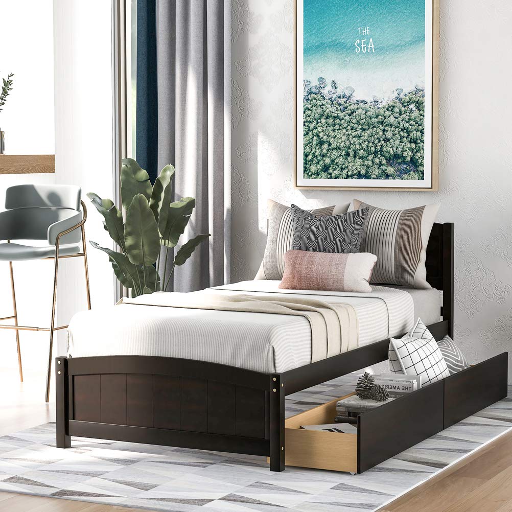 Twin Size Wooden Platform Bed with 2 Drawers & Headboard - Sturdy Storage Bed Frame for Kids, Teens, Adults - No Box Spring Needed - Espresso Finish - Perfect for Bedrooms, Dorms, Hotels & Small Spaces