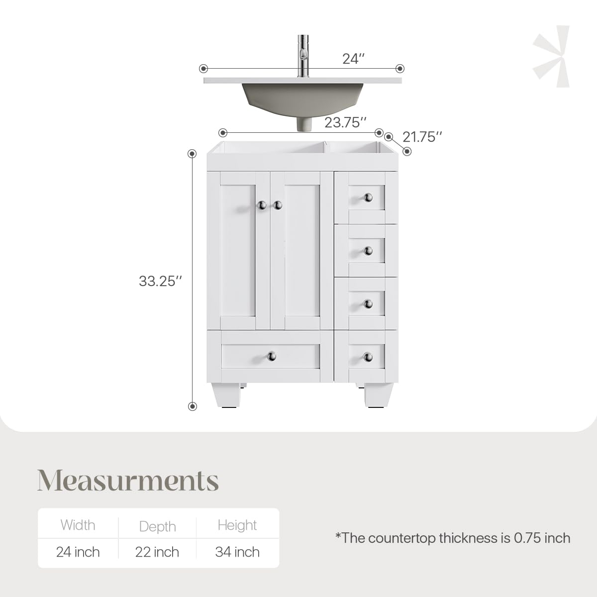 24 Inch Modern White Bathroom Vanity with Sink - Freestanding Vanity with Soft-Close Drawers & Brushed Nickel Handles - Perfect for Small Bathrooms, Powder Rooms & Apartment Remodels