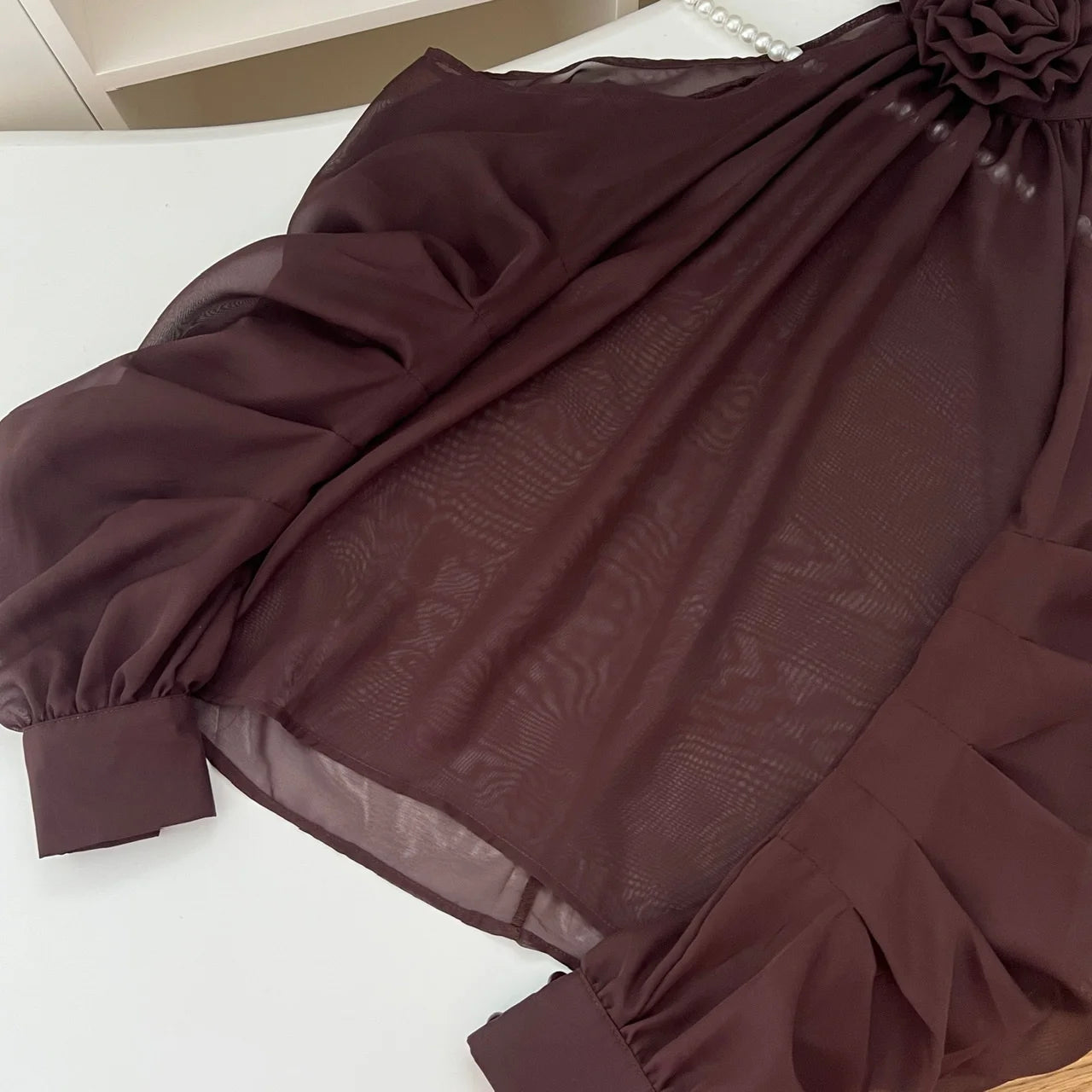 Elegant Autumn Brown Floral Long Sleeve Halter Blouse for Women - Fashionable Off Shoulder Pleated Pullover Shirt for Fall Festivals, Date Nights & Special Occasions