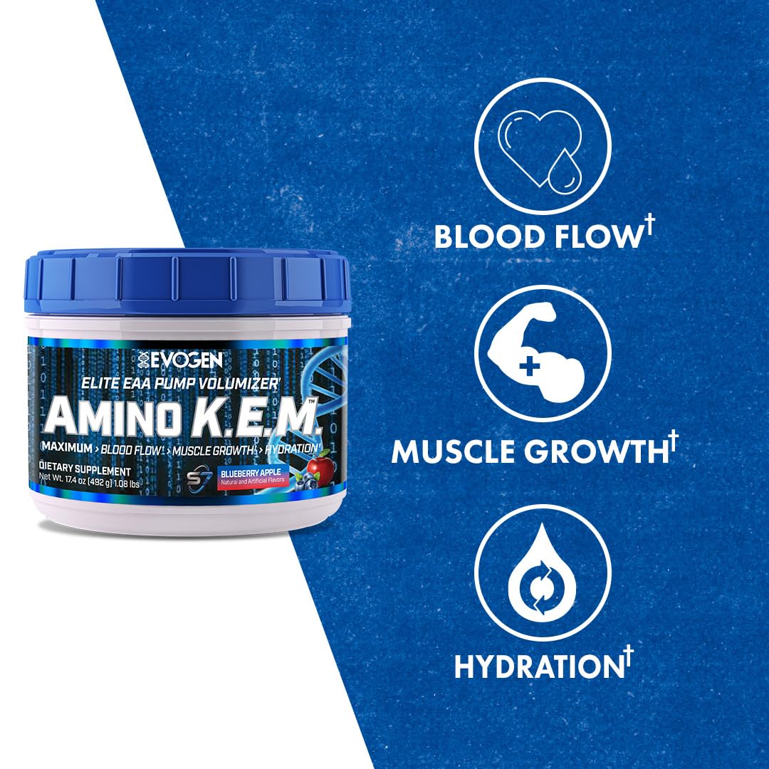 Evogen Amino K.E.M. - EAA & BCAA Powder Pump Volumizer | Essential Amino Acids Supplement for Muscle Growth, Hydration & Blood Flow | Blueberry Apple Flavor | 30 Servings | Pre-Workout & Post-Recovery Drink for Athletes & Fitness Enthusiasts