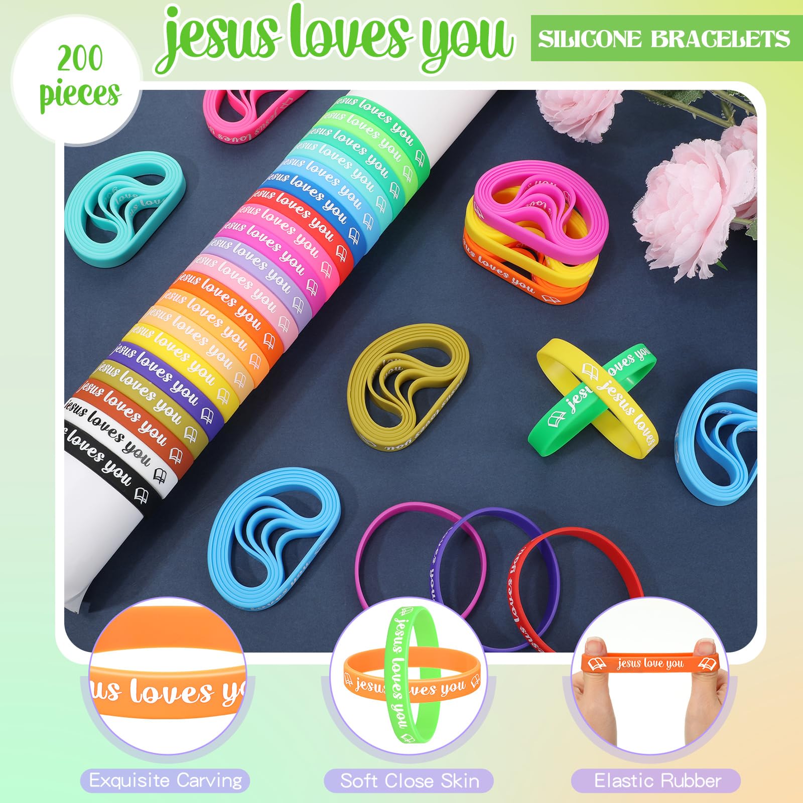Jerify 200pcs Jesus Loves You Silicone Bracelets - Religious Wristbands for Church Events & Gifts