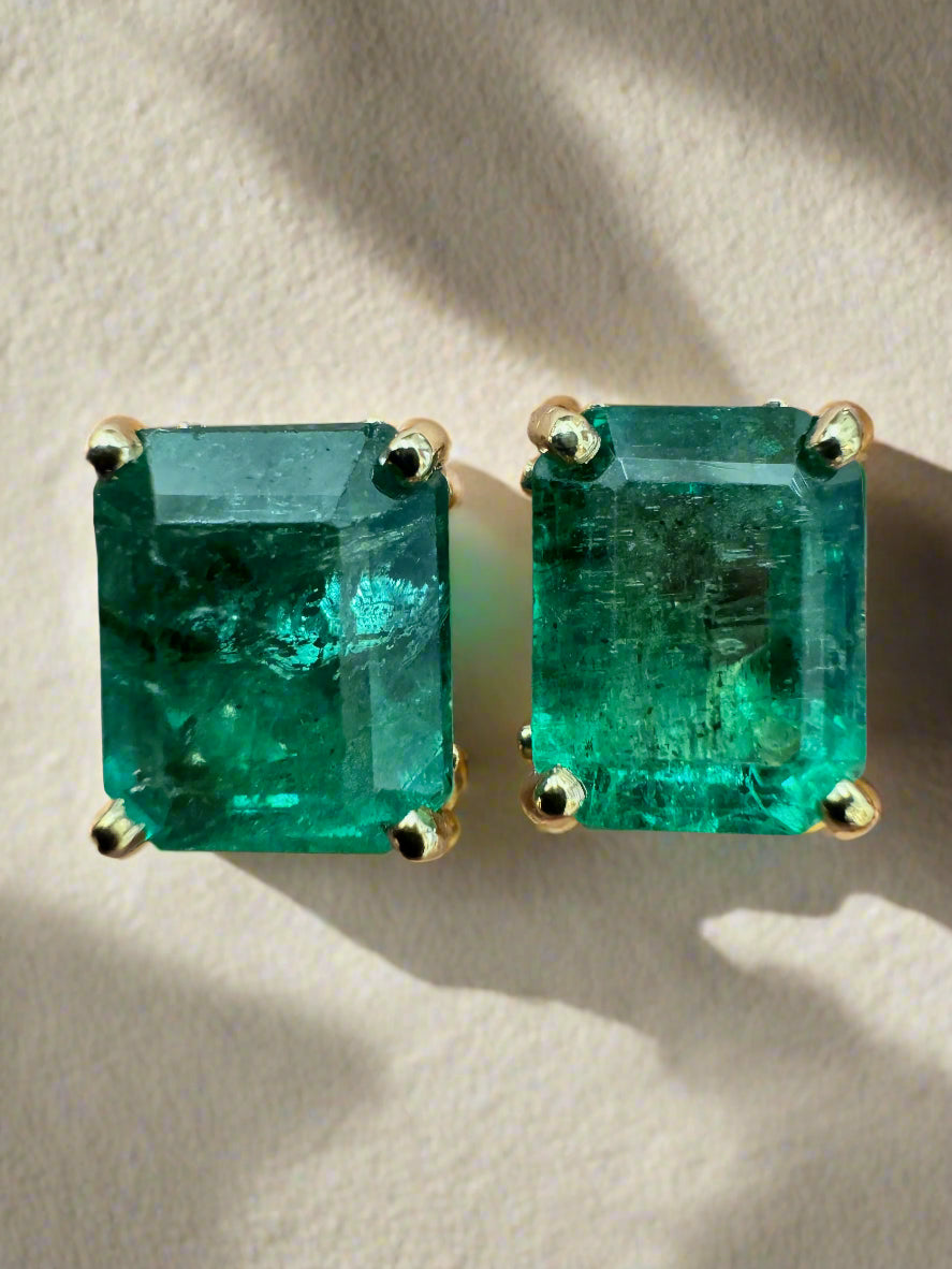 6.70tcw Zambian Emerald Emerald Cut Fleur De Lis Stud Earrings in 14K Gold - Elegant Jewelry for Women, Perfect for Weddings, Parties & Special Occasions