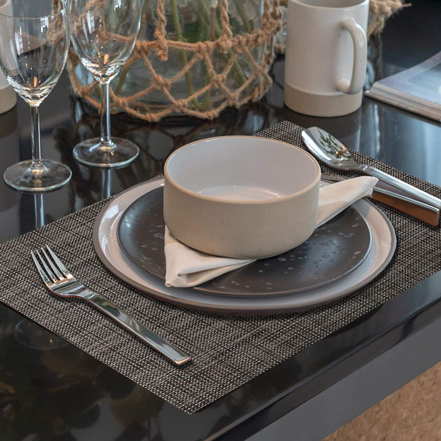 6-Pack Woven Washable Vinyl Placemats for Kitchen & Dining Table - Wipeable, Durable & Stylish (Grey) - Perfect for Everyday Meals, Dinner Parties & Home Decor