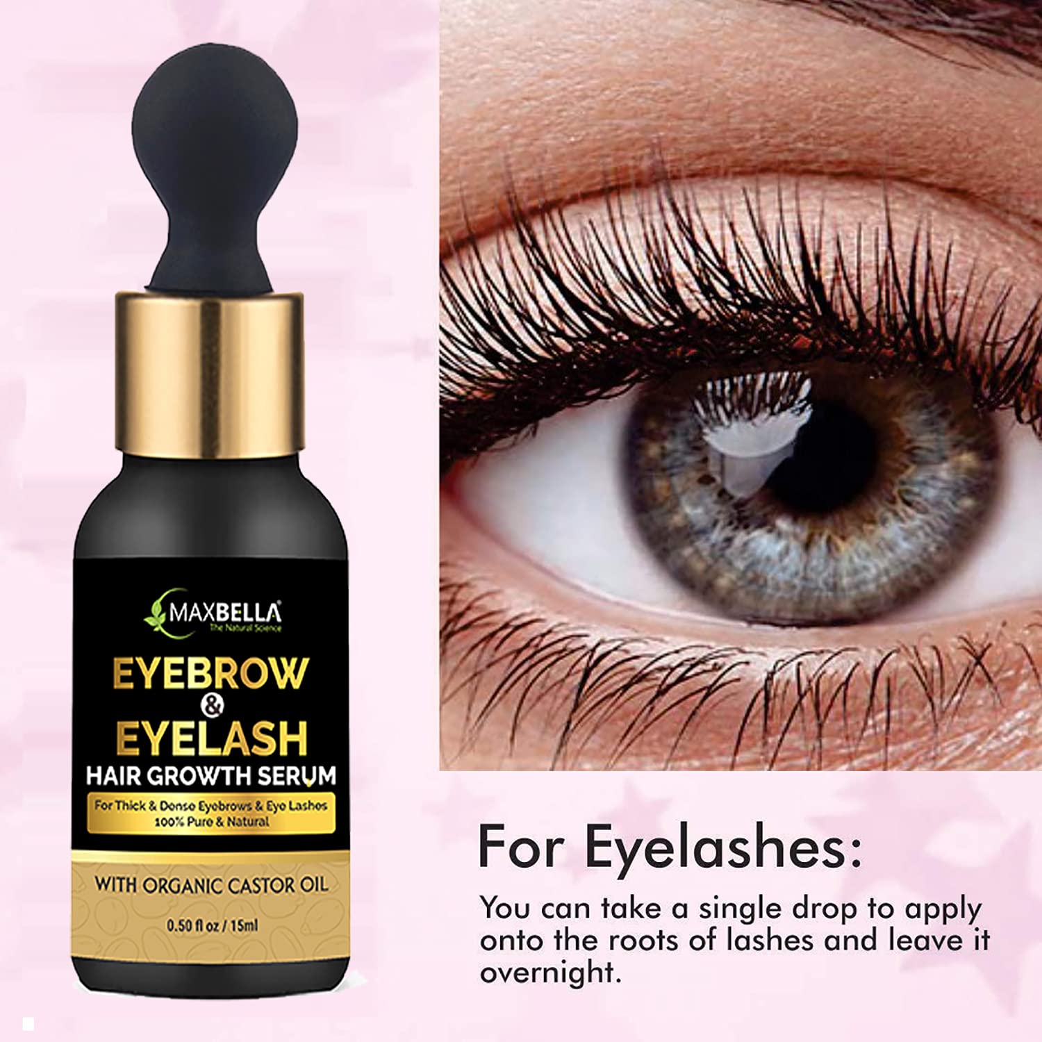 MaxBella® Eyebrow & Eyelash Growth Serum with Castor Oil, Onion Oil & Vitamin E - Natural Formula for Stronger, Fuller, Thicker Lashes & Brows | 15ml | Perfect for Daily Use & Nighttime Routine