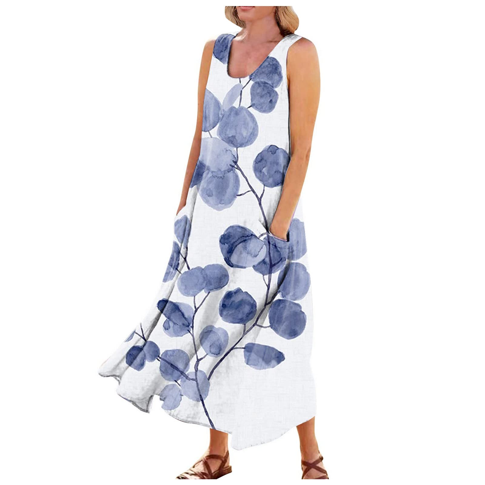 LISTHA Women's Summer Casual Maxi Dress - V Neck Long Sleeve Cotton Linen Loose Fit Beach Cover Up Dress for Vacation, Travel & Outdoor Activities