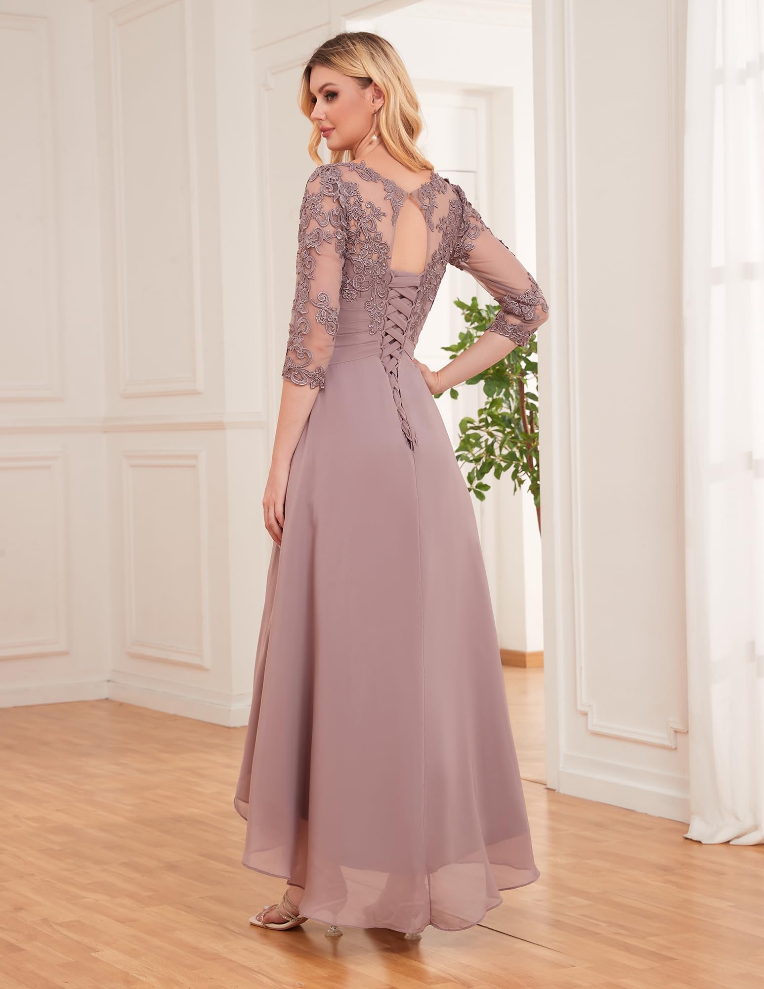 Elegant Tea-Length Mother of The Bride Dress with Lace Sleeves - Chiffon Formal Wedding Gown for Evening Ceremonies & Special Occasions