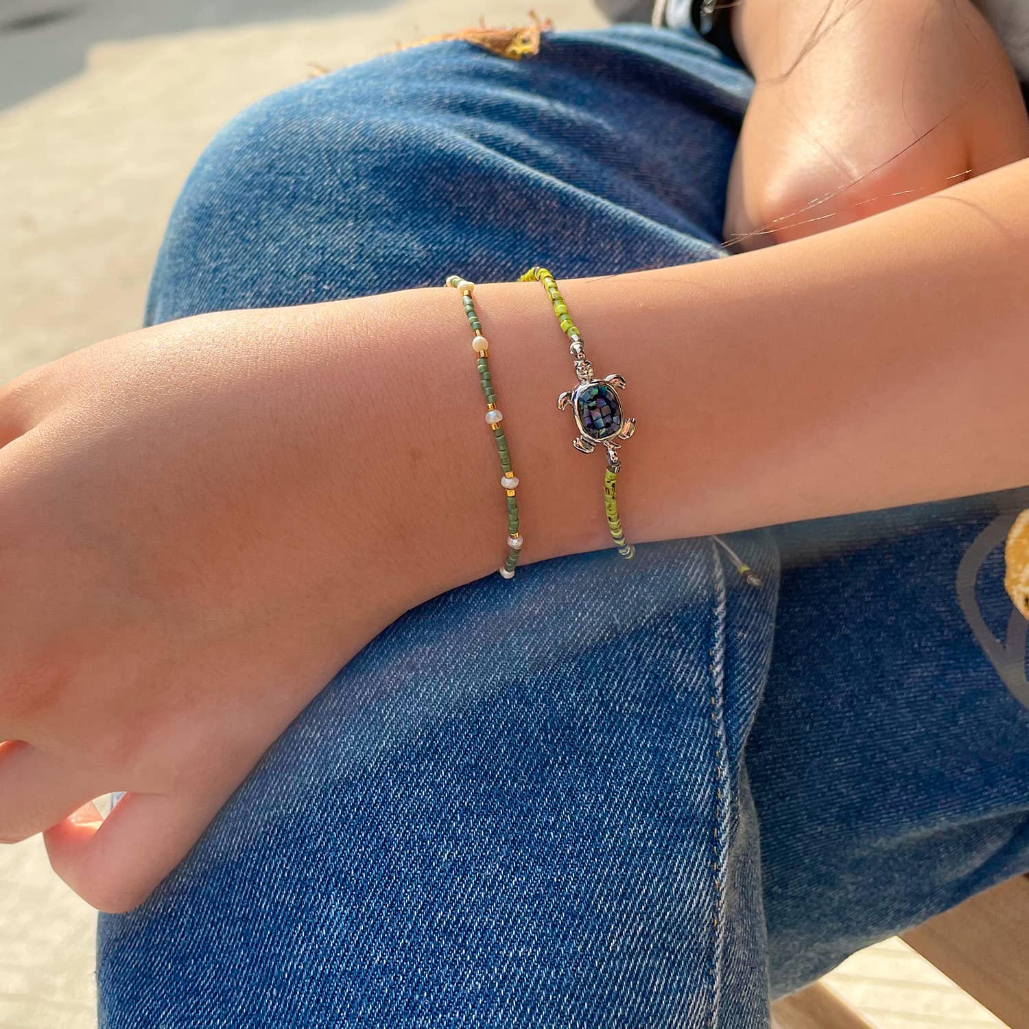 KELITCH Crystal Turtle Charm Bracelet - Miyuki Beaded Thin Strand Friendship Bracelet for Women - Multi Color Options - Perfect for Gifts, Boho Style & Everyday Wear