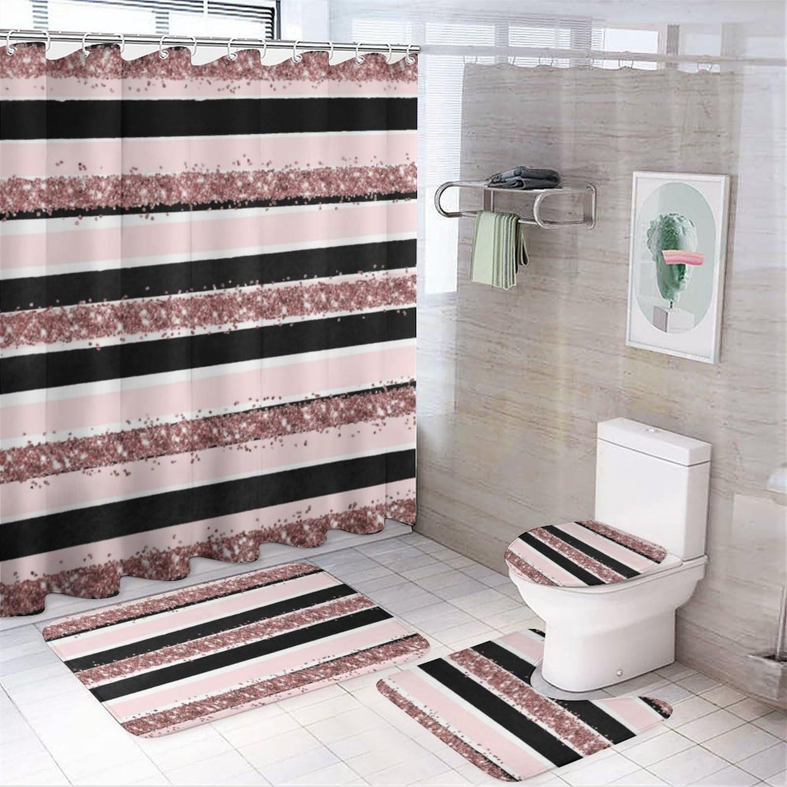 Elegant Rose Gold & Black Glitter Stripes 4-Piece Shower Curtain Set - Includes Non-Slip Bath Mat, U-Shaped Contour Rug & Toilet Cover | Stylish Bathroom Decor for Girls & Women | Perfect for Modern Bathrooms, Guest Suites & Dorm Rooms