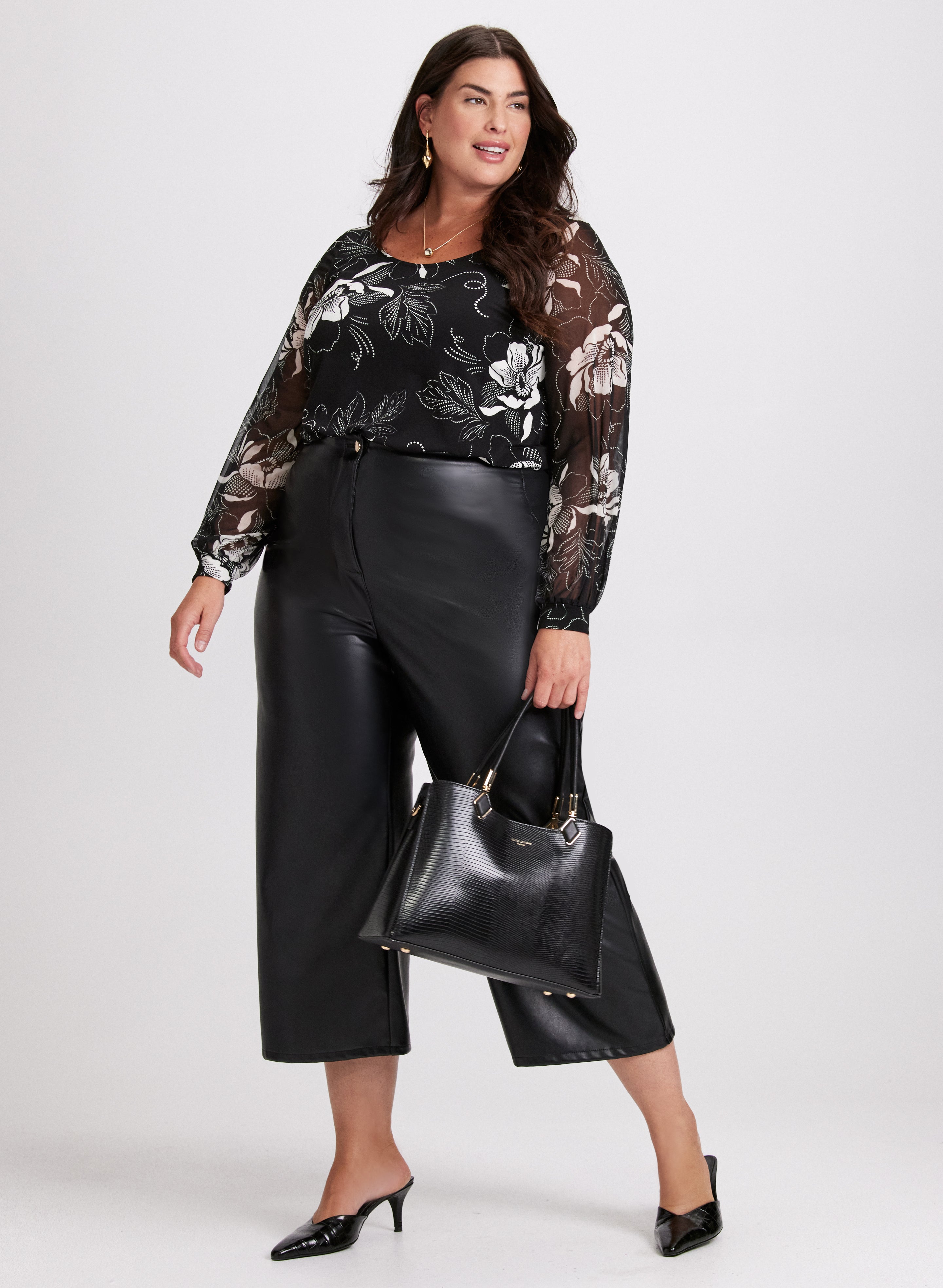 Floral Print Balloon Sleeve Blouse & Vegan Leather Wide Leg Pants Set - Women's Boho Chic Outfit for Party, Date Night and Office Wear