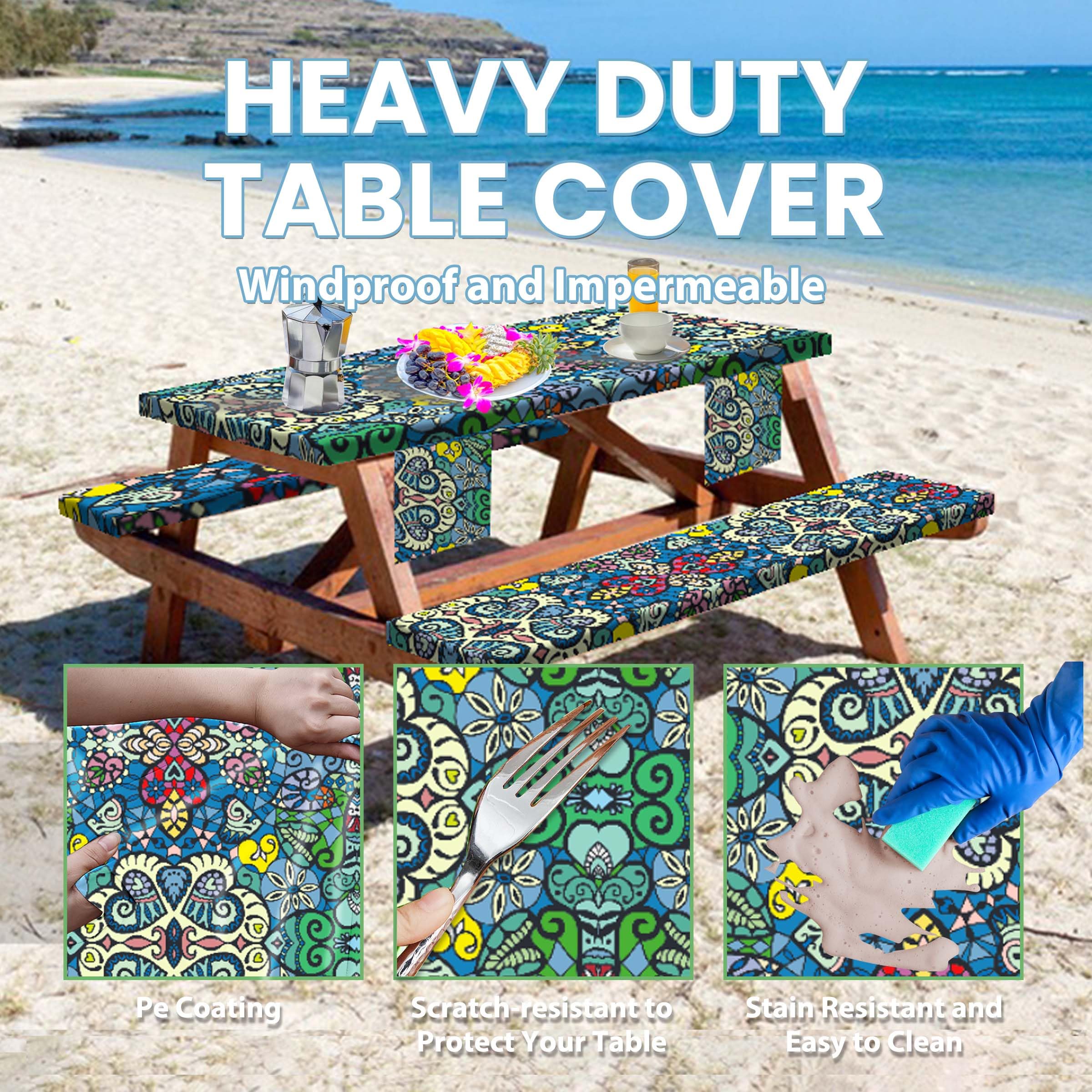 Waterproof Windproof Picnic Table Cover with Bench Covers - Elastic Rectangle Tablecloth with Storage Bag (Blue-Green Mandala, 72x30 inches) - Perfect for Outdoor Dining, BBQs, Camping & Picnics