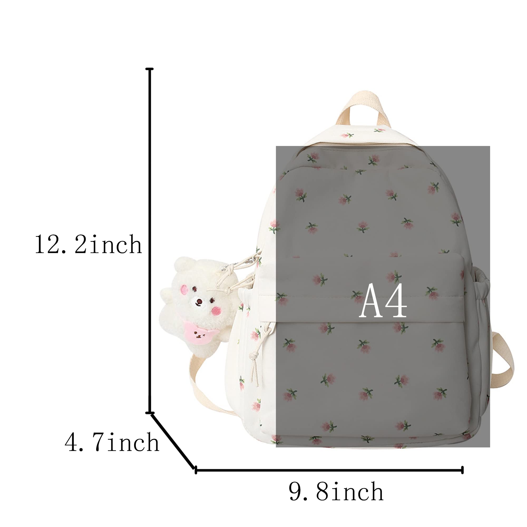 Kawaii Floral Backpack with Pendant - 12.2 Inch Cute Aesthetic Medium School Bag for Women & Teens (White) - Perfect for School, Travel & Everyday Use