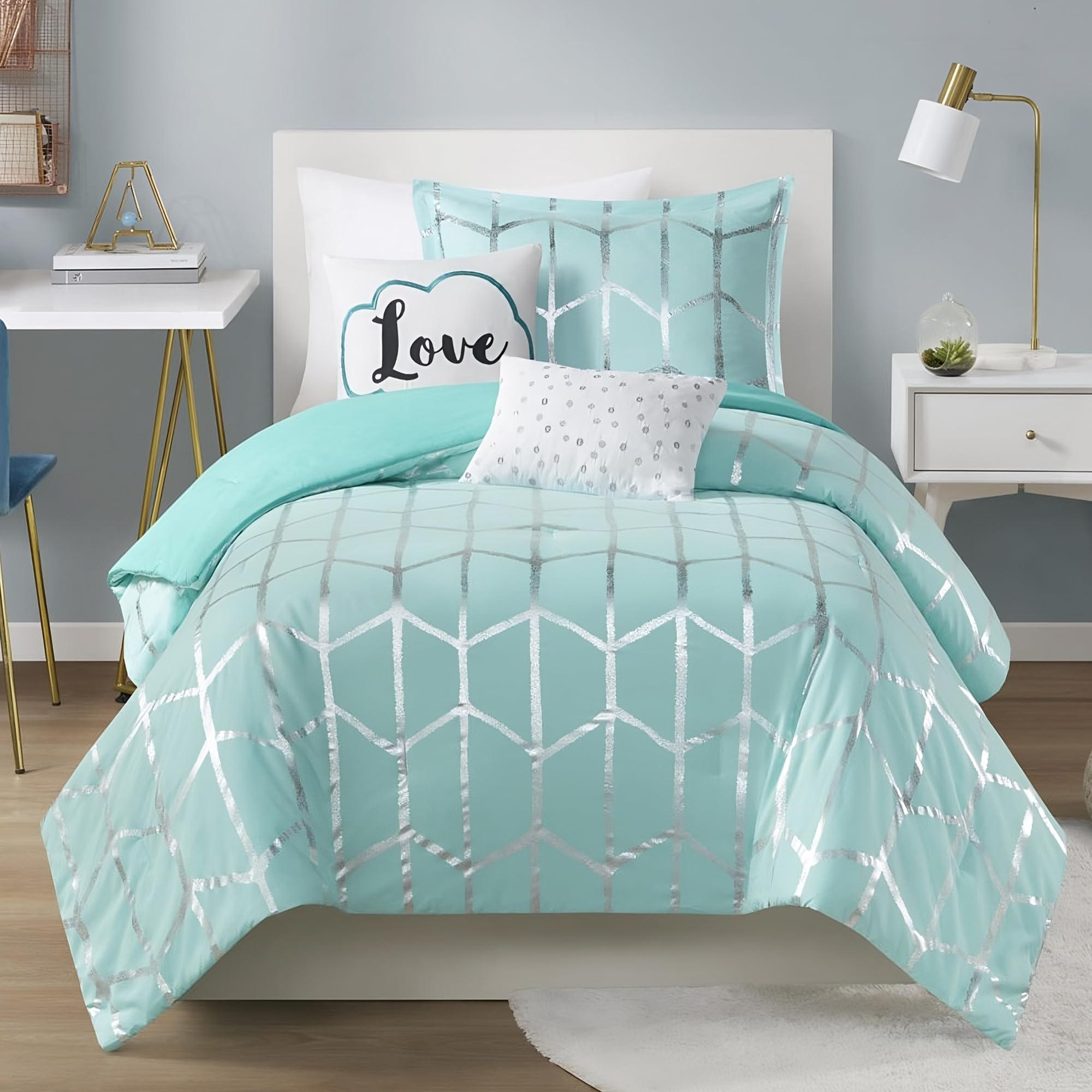 **Raina Twin/Twin XL Comforter Set - Soft Microfiber Geometric Bedding, Modern Metallic Design, 4-Piece College Dorm Set with 1 Sham & 2 Toss Pillows (Aqua) - Perfect for Teens, Kids Rooms & Dorm Decor**
