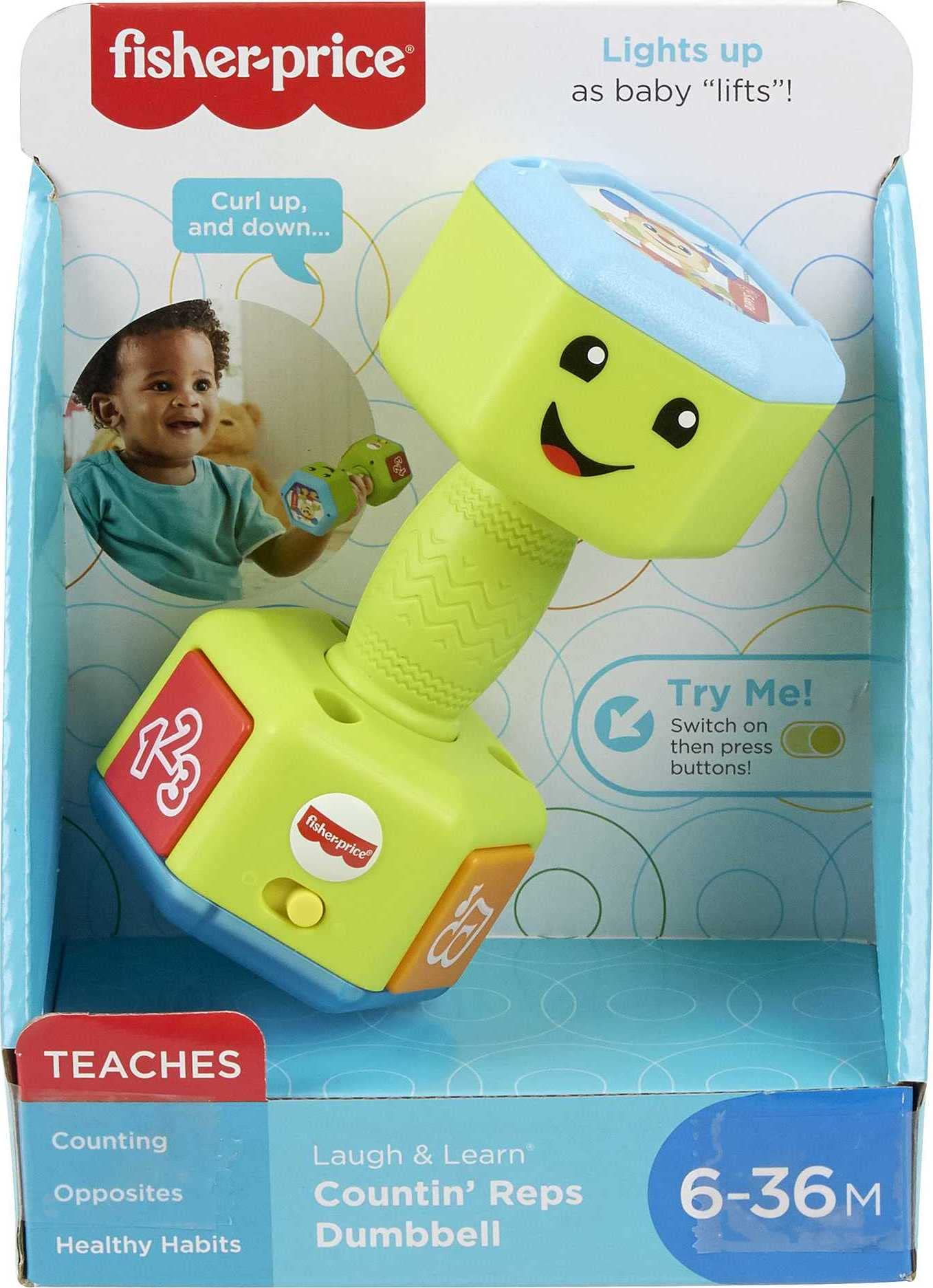 Fisher-Price Laugh & Learn Countin’ Reps Dumbbell Rattle Toy - Interactive Baby Toy with Lights & Music for Infants 6+ Months | Early Learning, Motor Skills Development, Playtime Fun