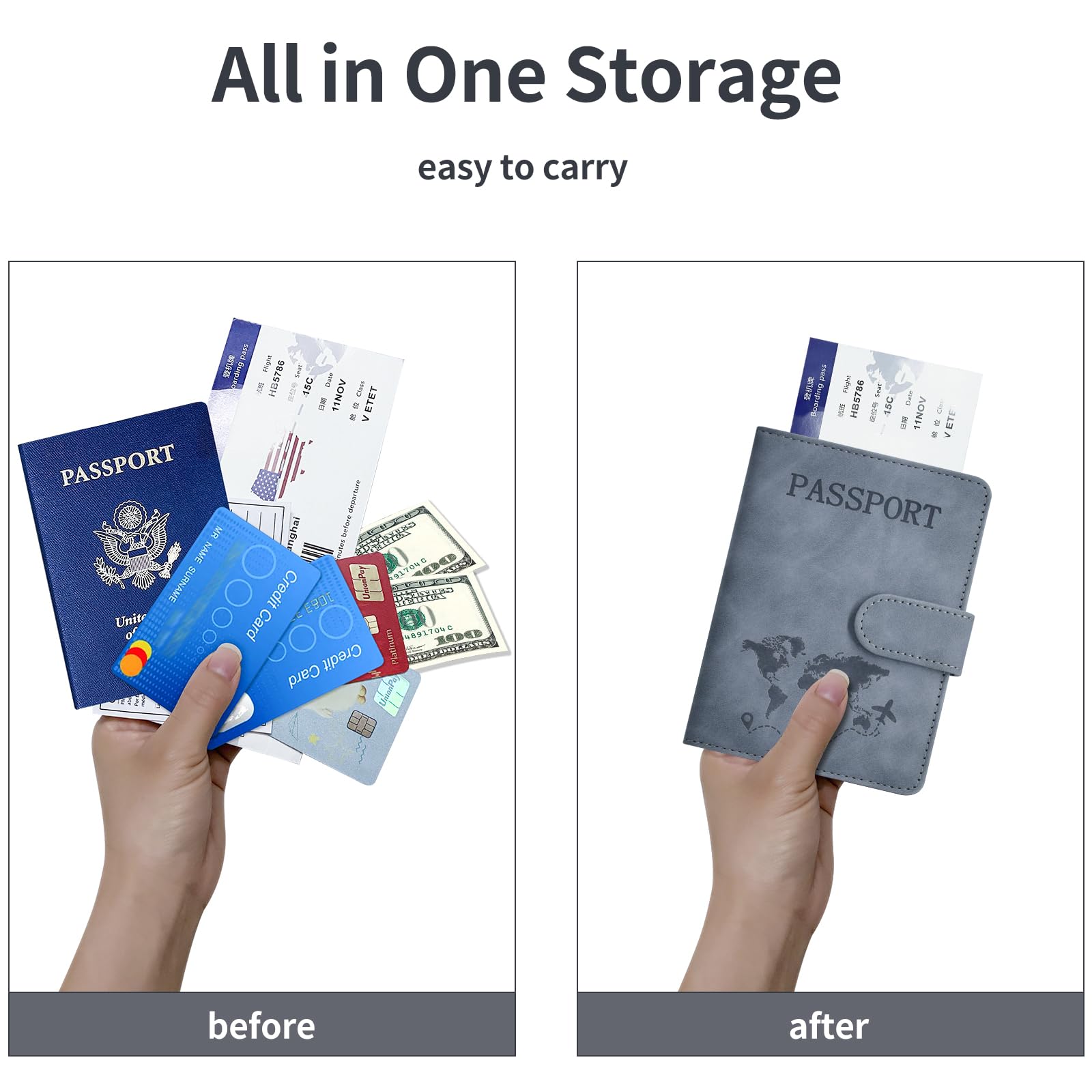 Premium RFID Blocking Leather Passport Holder with Credit Card & Boarding Pass Slots - Navy Grey Travel Wallet for Secure International Trips & Business Travel Accessories