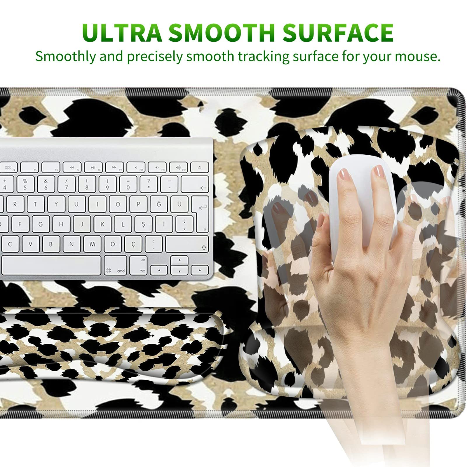 Premium Gaming Mouse Pad Set with Memory Foam Wrist Rest & Non-Slip Desk Mat - 31.5×11.8 Inch Leopard Print Mousepad for Keyboard & Mouse - Perfect for PC Gaming, Office Work & Home Computer Setup