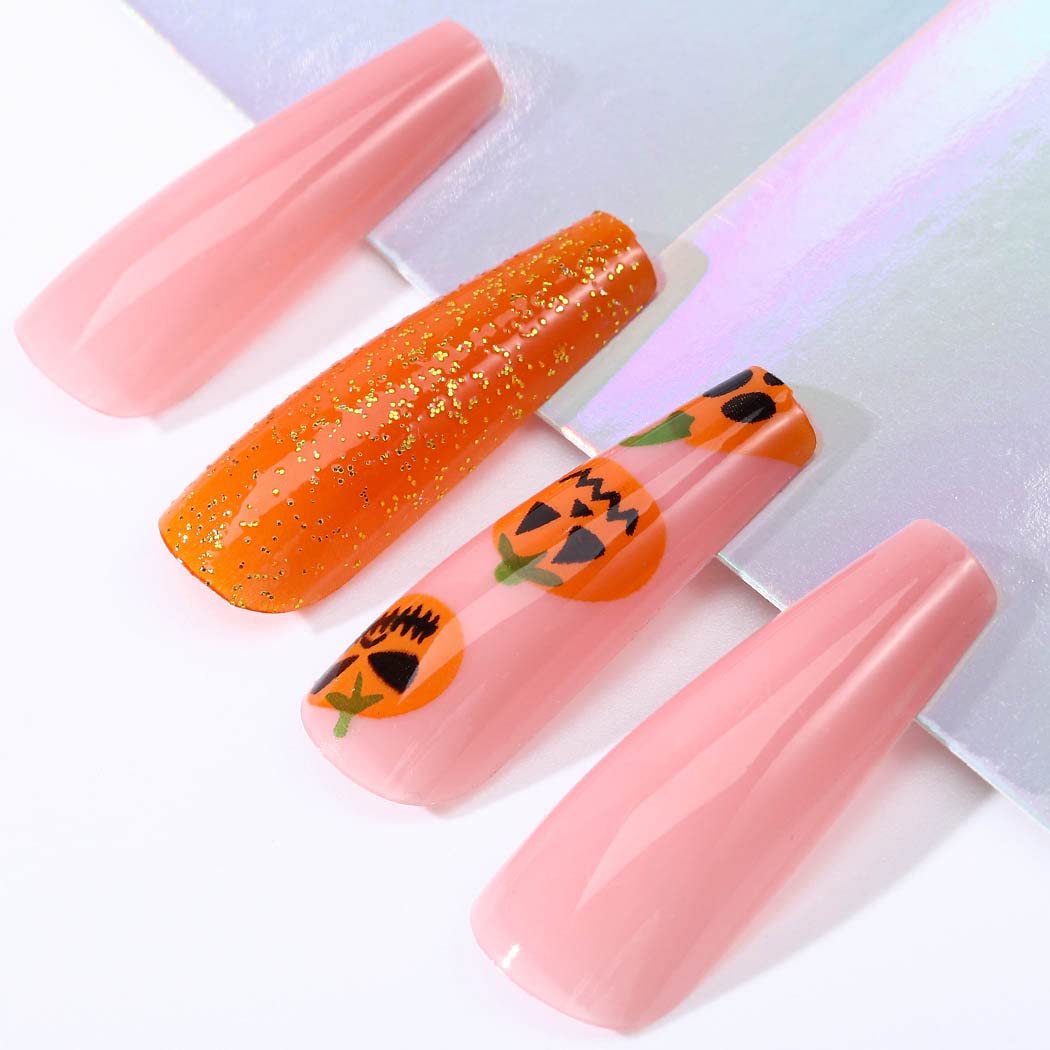 Halloween Orange Pumpkin Coffin Press-On Nails - Extra Long Acrylic Fake Nails with Spooky Designs, 24Pcs Full Cover Stick-On Nails for Women & Girls - Perfect for Halloween Parties, Costumes, and Festive Nail Art