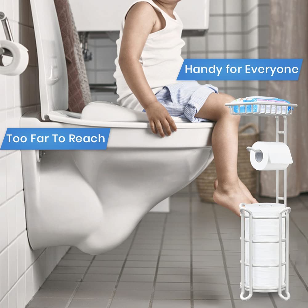 Upgraded Nautical Free Standing Toilet Paper Holder Stand with Top Shelf for Mega Rolls, Phone & Wipes - Ivory White | Bathroom Storage Organizer for Home, Boat & RV Use