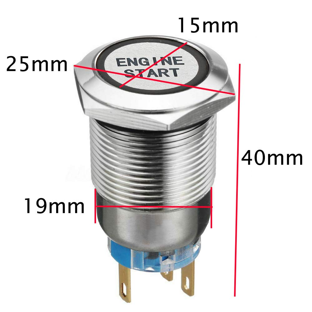 ESUPPORT 12V Blue LED Push Button Toggle Switch - 19mm Metal Car Headlight & Engine Start Switch for Automotive, Marine, and DIY Projects | Waterproof & Durable