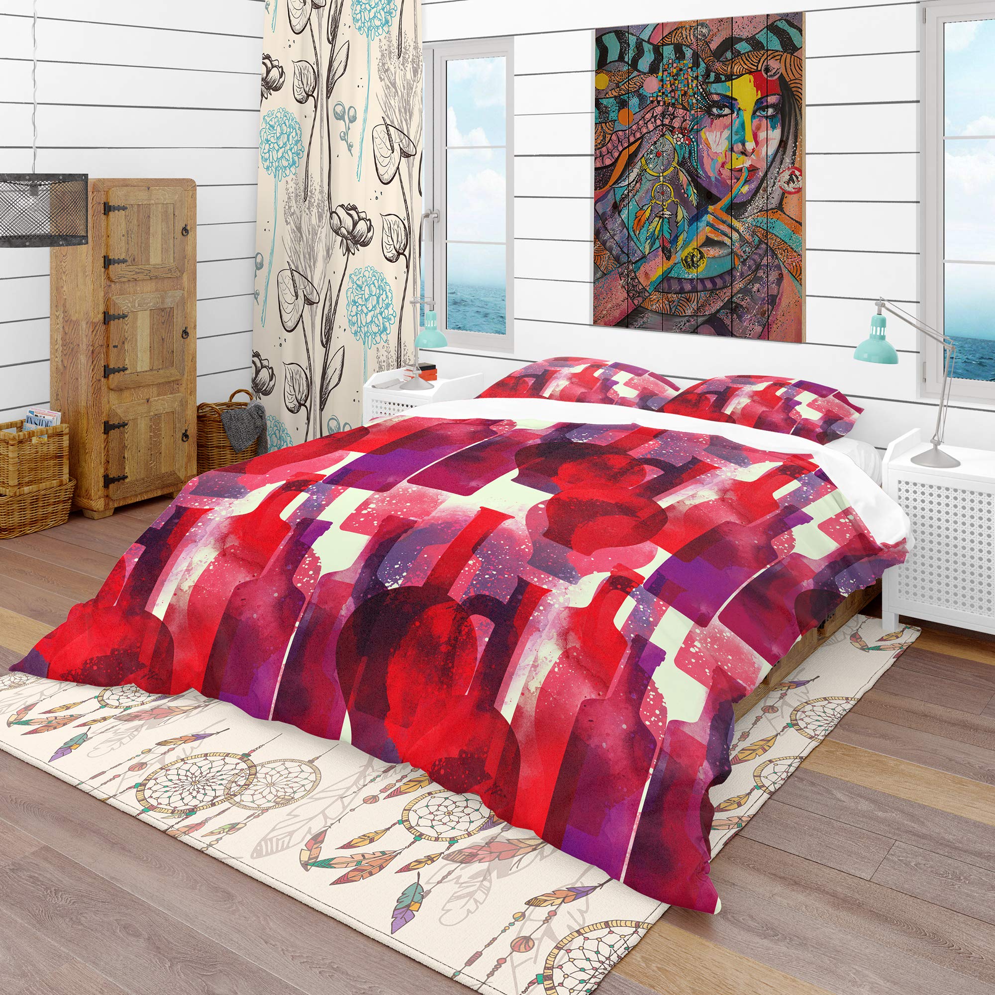 DesignQ 'Imprints of Wine Bottles' Bohemian & Eclectic Duvet Cover Set - Queen Size Bedding for Bohemian Bedroom Decor & Wine Lover's Home
