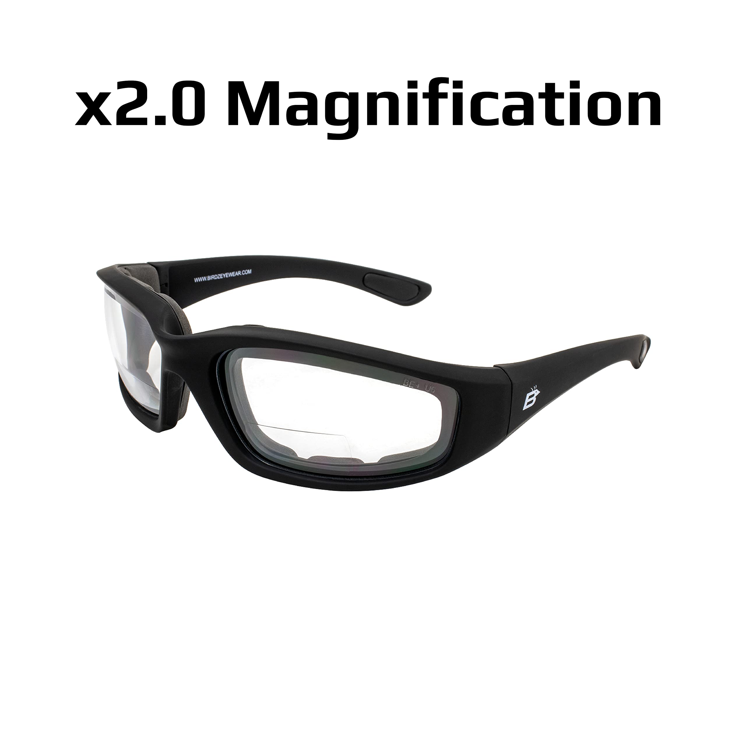 Birdz Eyewear Oriole Padded Safety Bifocal Motorcycle Glasses - Black Frame with Clear Lenses (2.0 Magnification) & Carry Bag - Perfect for Riding, Cycling, and Outdoor Activities