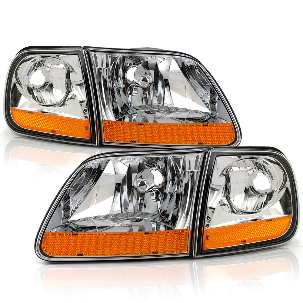 ACANII Chrome Housing Headlights with Corner Lamps Assembly for 1997-2003 Ford F150 (Harley Davidson Style) - Left & Right Pair - Upgrade Your Truck's Style & Night Visibility
