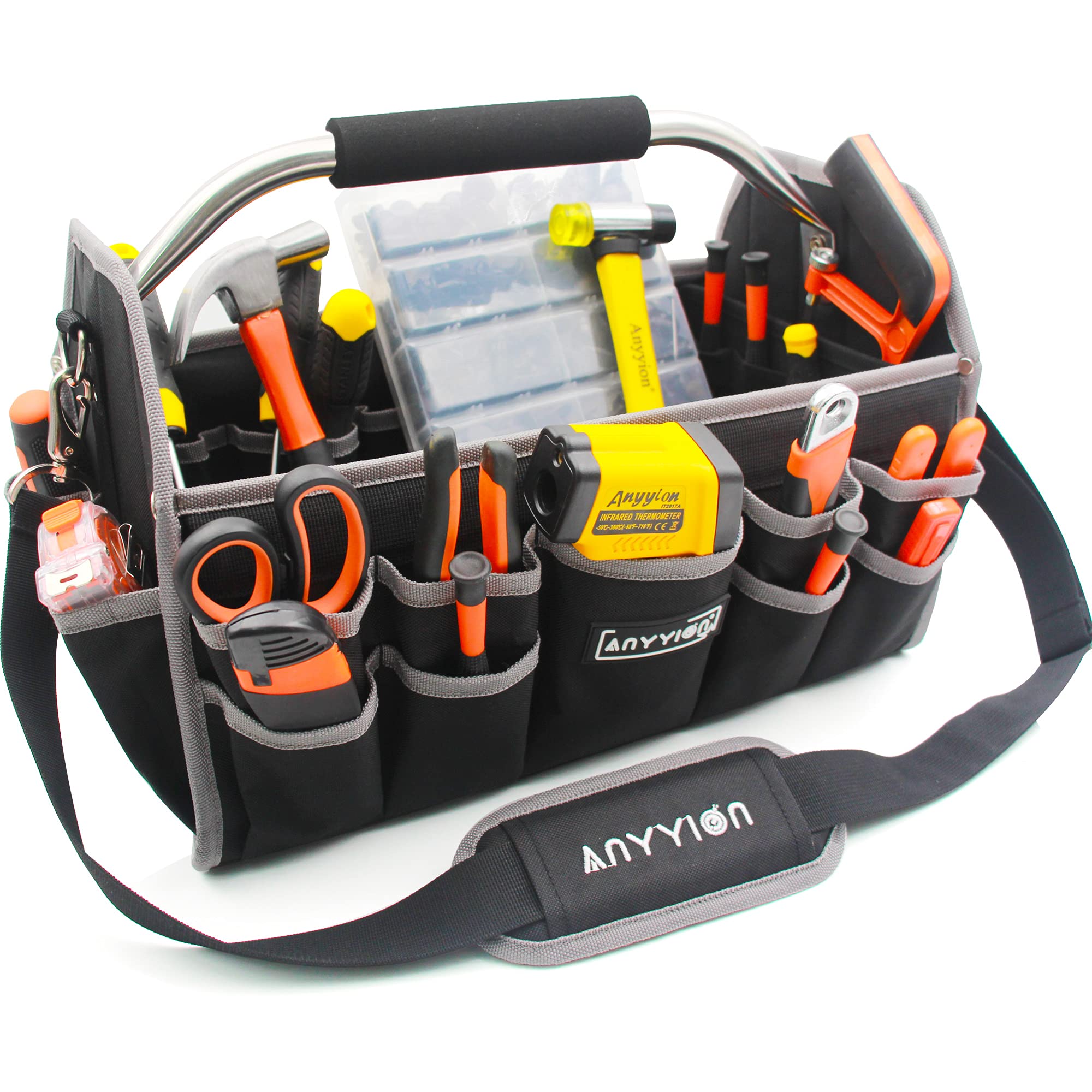 **Anyyion 16.5in Electrician Tool Bag with Multiple Pockets – Heavy-Duty Open Top Tool Organizer for Easy Carrying – Perfect for Electricians, Contractors & DIY Projects**    *(Use Case: Ideal for electricians, plumbers, and handymen to store and transport tools efficiently on job sites or home repairs.)*