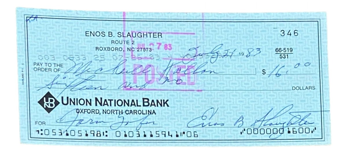Authentic Enos Slaughter St. Louis Cardinals Signed Bank Check #346 BAS - Rare Baseball Memorabilia for Collectors & Fans - Perfect for Display in Sports Bars, Man Caves, or Collector Showcases