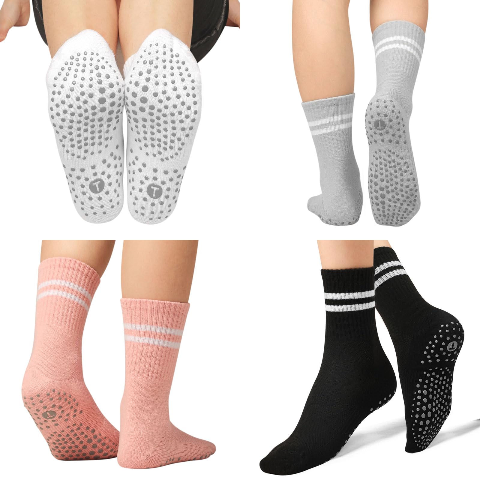 Non-Slip Pilates Socks for Women - 4 Pairs Yoga Crew Socks with Grip Dots for Barre, Hospital & Home Use - Sticky Slipper Socks for Workout & Recovery