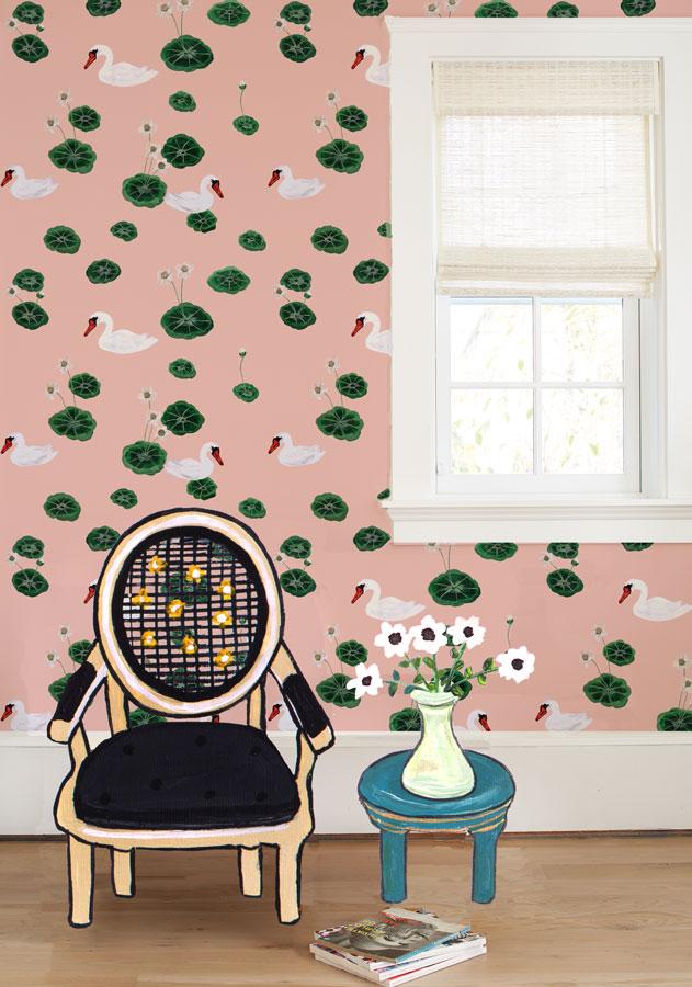 Lily Pad Lake Pink Wallpaper by Carly Beck - Nature-Inspired Home Decor for Bedroom & Living Room