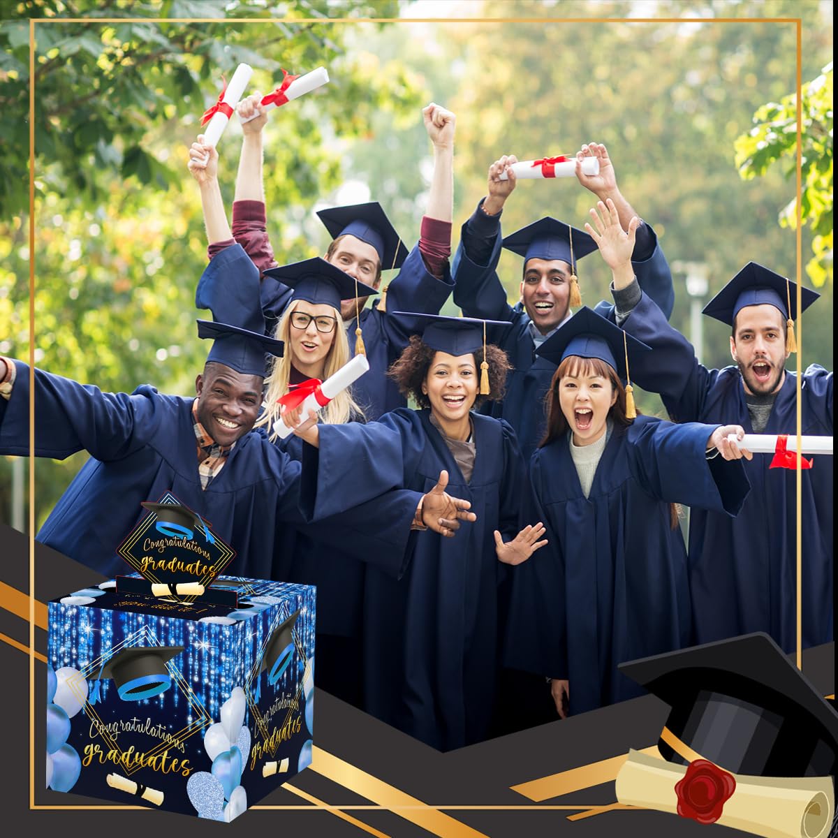 Sirjiera Graduation Money Box - Cash Gift Pull Surprise Box for Graduation Gifts (Men & Women) - Fun Graduation Party Decor in Black & Blue - Includes 35 Plastic Bags - Perfect for Graduation Parties, Gifts & Celebrations