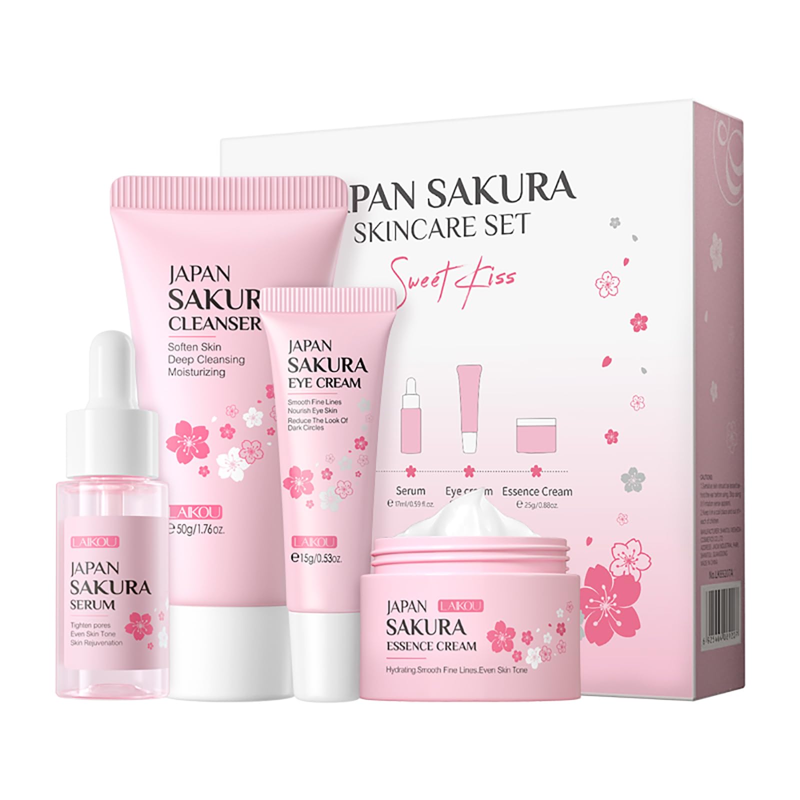 Japan Sakura Skin Care Gift Set - 4-Piece Travel Kit with Cleanser, Serum, Eye Cream & Face Cream | Gentle Skincare for Women, Moms, Wives & Teens | TSA-Friendly Beauty Essentials for Daily Routine & Gifting