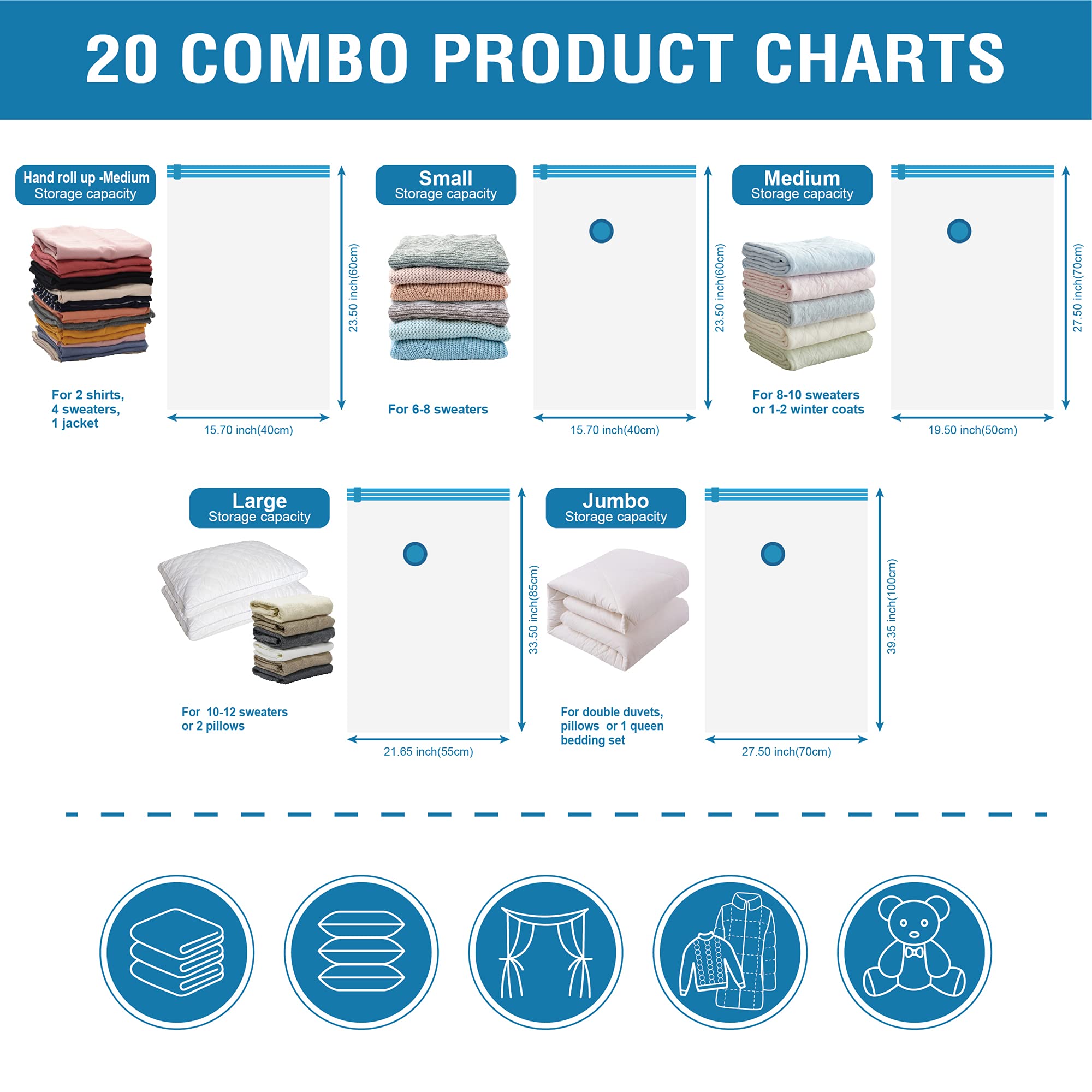 20 Pack Vacuum Storage Bags - Space Saver Bags (4 Jumbo/4 Large/4 Medium/4 Small/4 Roll) for Comforters, Blankets & Clothes Storage | Includes Hand Pump | Perfect for Travel, Seasonal Storage & Home Organization