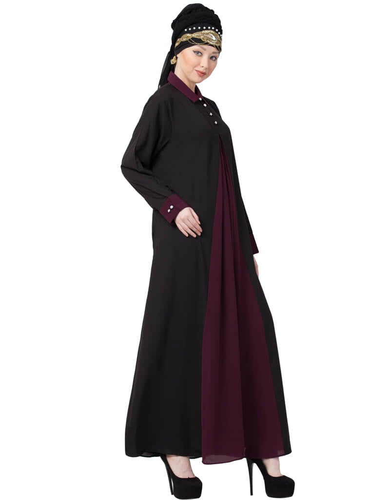 Elegant Arabic Contrast Yoke Black Wine Casual Abaya Dress - Perfect for Daily Wear, Prayer & Special Occasions