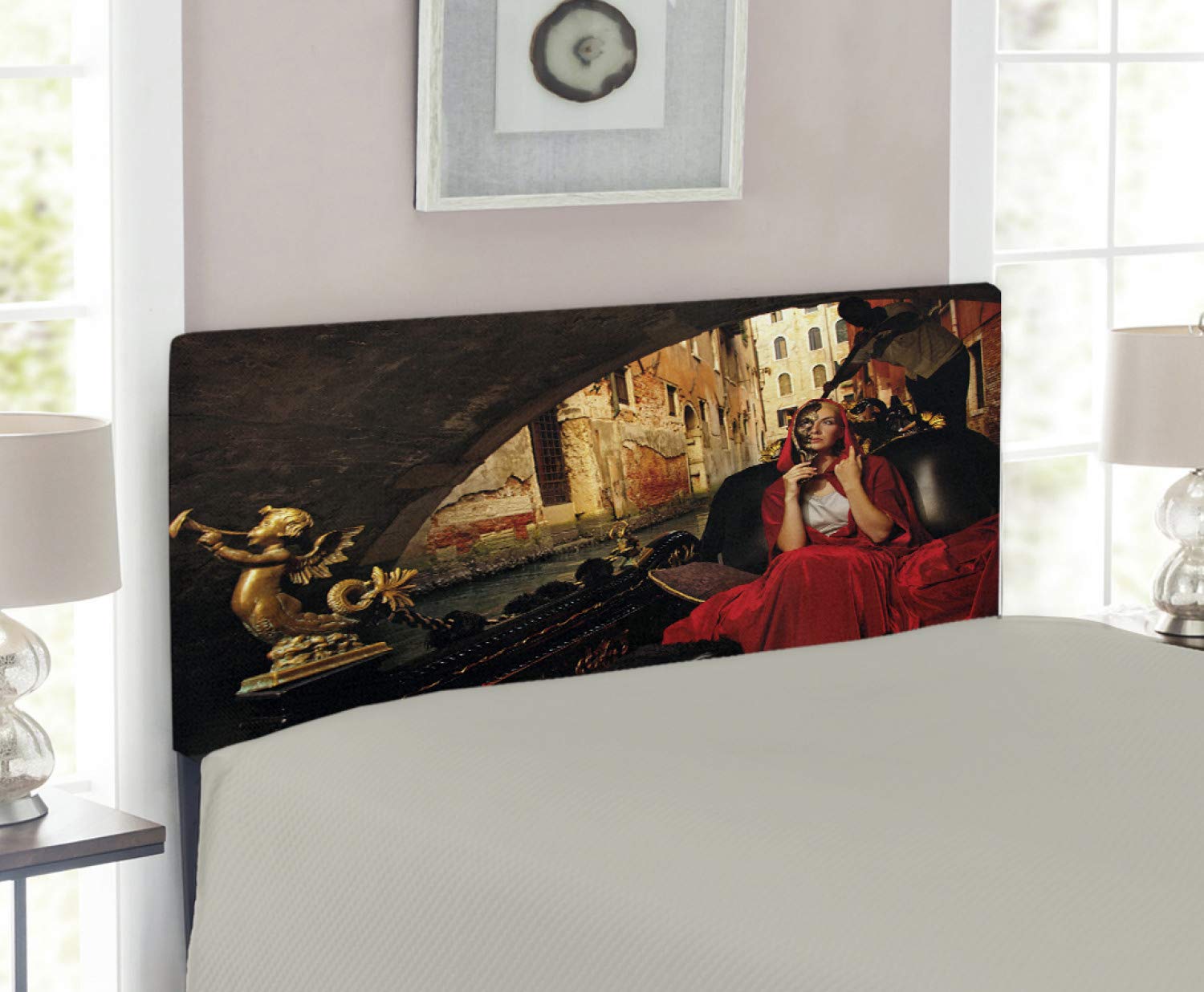 Ambesonne Venice Upholstered Metal Headboard - Twin Size with Memory Foam, Young Woman in Red Cloak Carnival Gondola Design in Red, Black & Pale Brown | Perfect for Bedroom Decor, Guest Rooms & Venetian-Themed Interiors