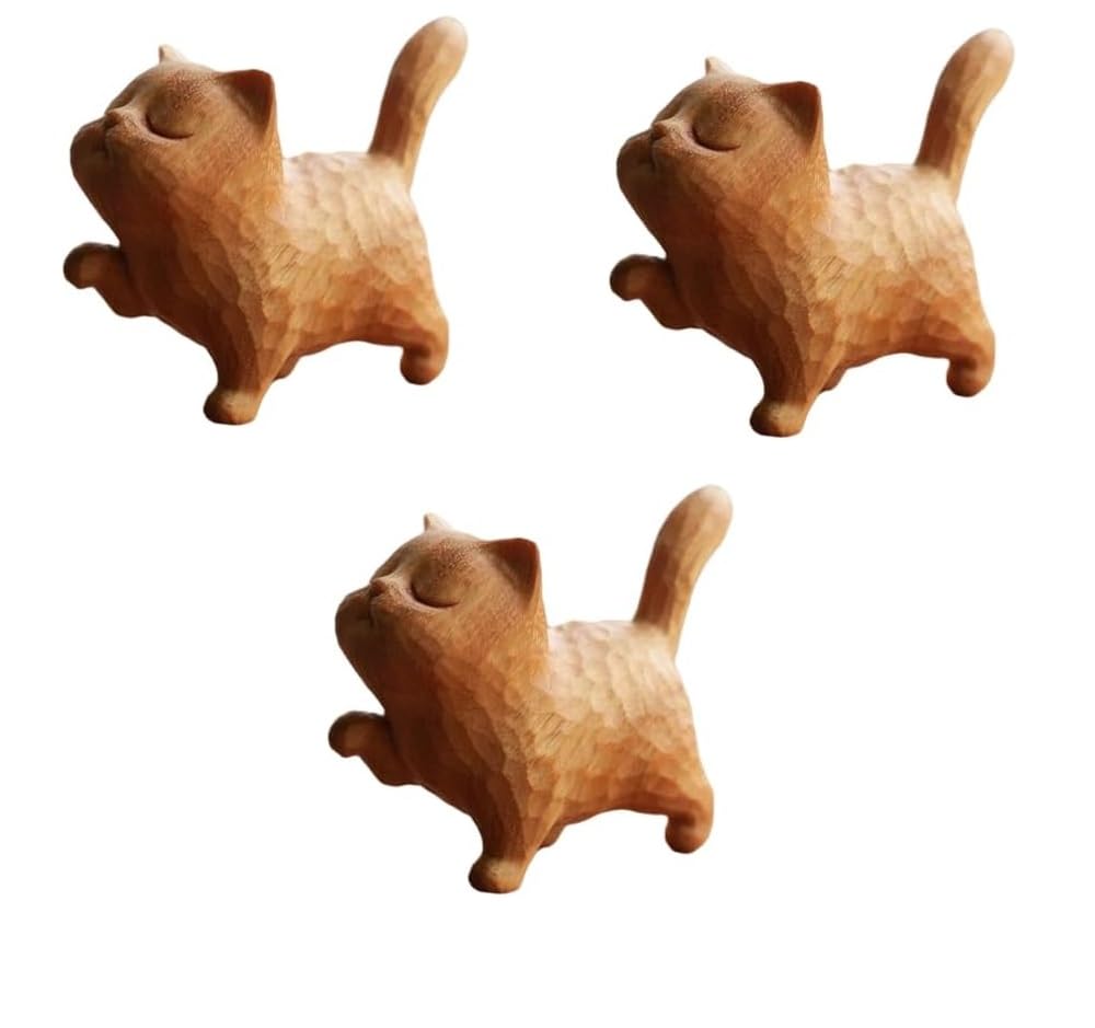 Handmade Wooden Cat Sculpture - Tiny Cute Carved Wood Cat Figurine, Unique Home & Office Decor, Perfect Gift for Cat Lovers (2PC) - Ideal for Bookshelf Display, Desk Decor, and Gift Giving Occasions