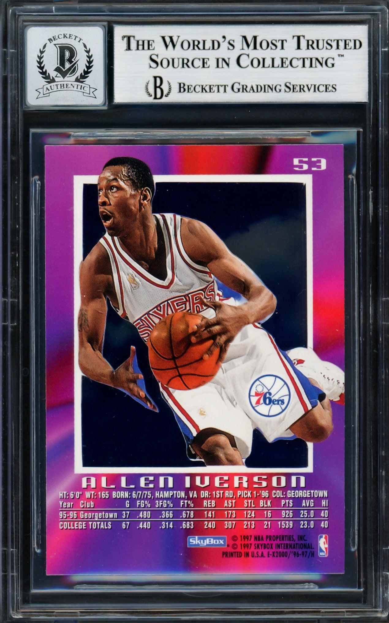 Allen Iverson Autographed 1996-97 Skybox E-X 2000 Rookie Card #53 - Philadelphia 76ers - Beckett BAS Gem Mint 10 Grade #14128514 - Perfect for NBA Collectors, Sports Memorabilia Display & Investment